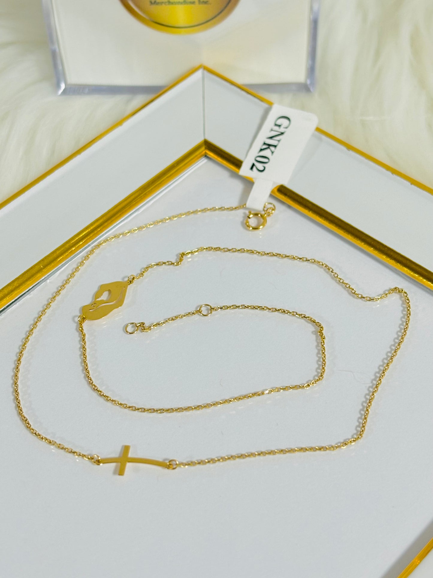 18K Gold Necklace with Attached Pendant Cross and Mama Mary