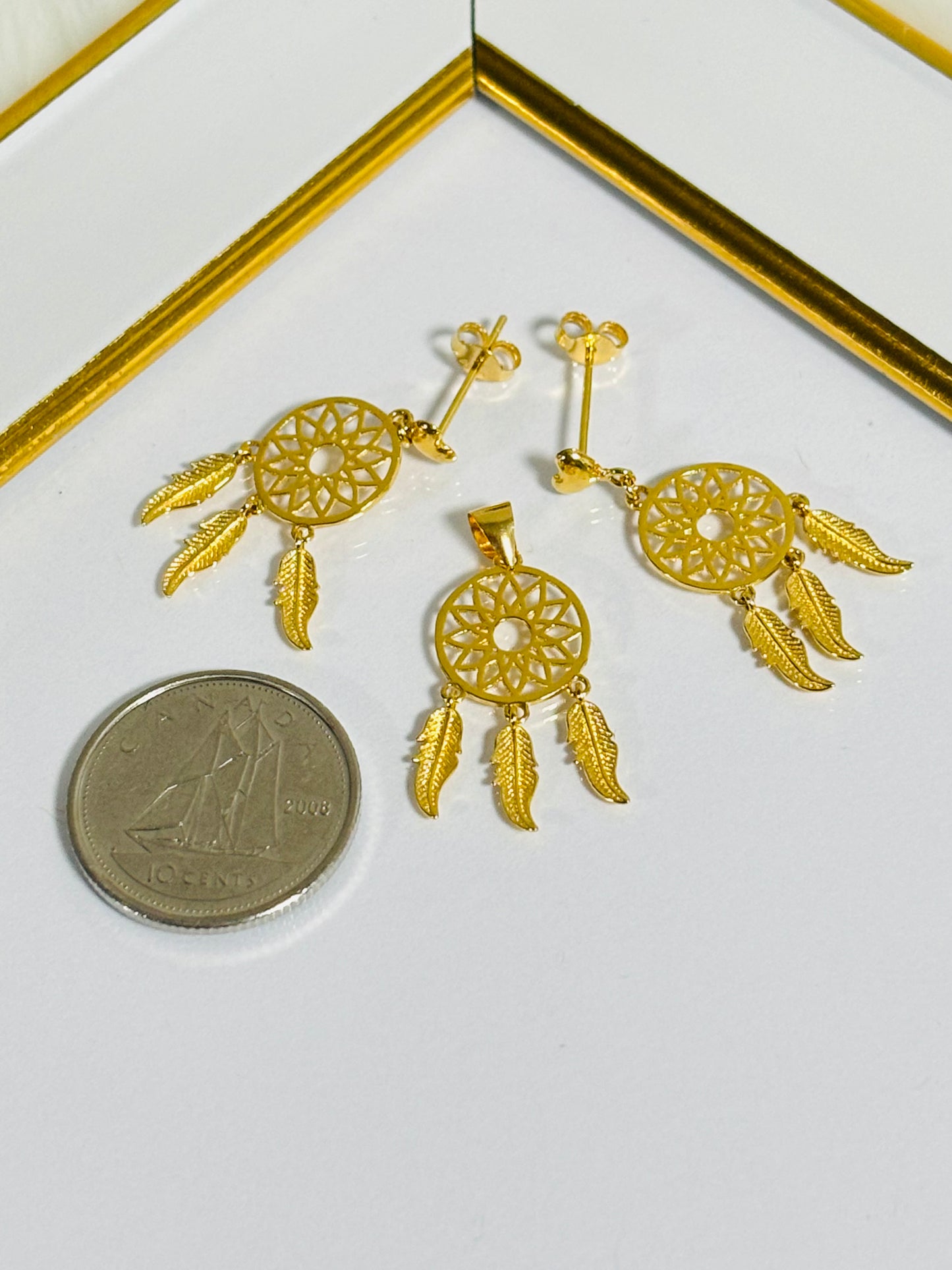18K Gold dream Catcher Earrings and Pendant Set