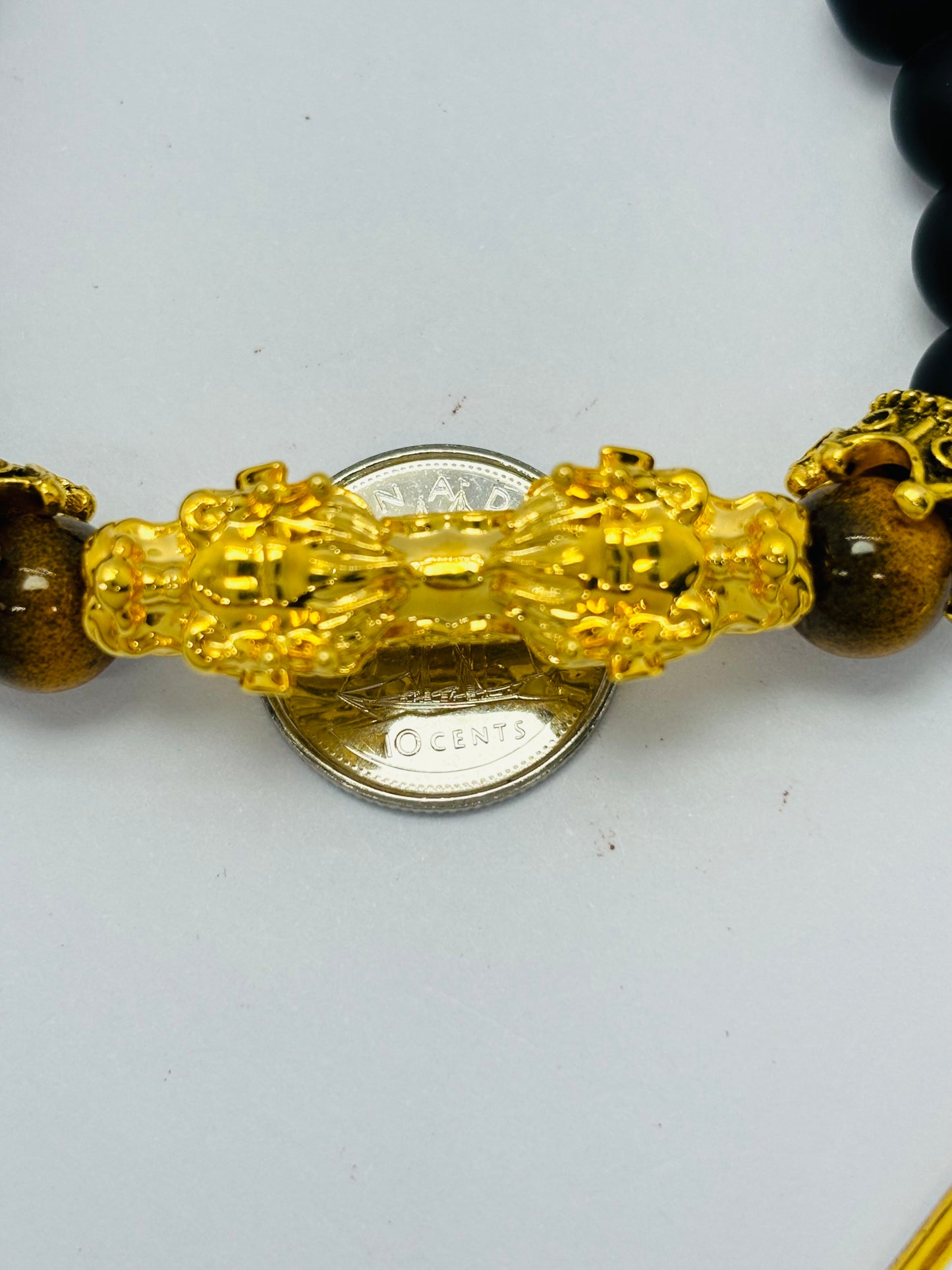 18K Gold Lucky Dragon Bracelet Tiger Eye, Black Obsidian Stone ( Hollow Empty Inside) XXL