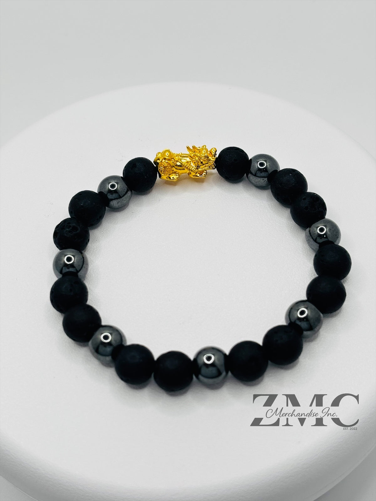 18K Gold Lucky Piyao/ Pi Xiu Blue Lava, Hematite Bracelet ( Hollow Empty Inside) Medium