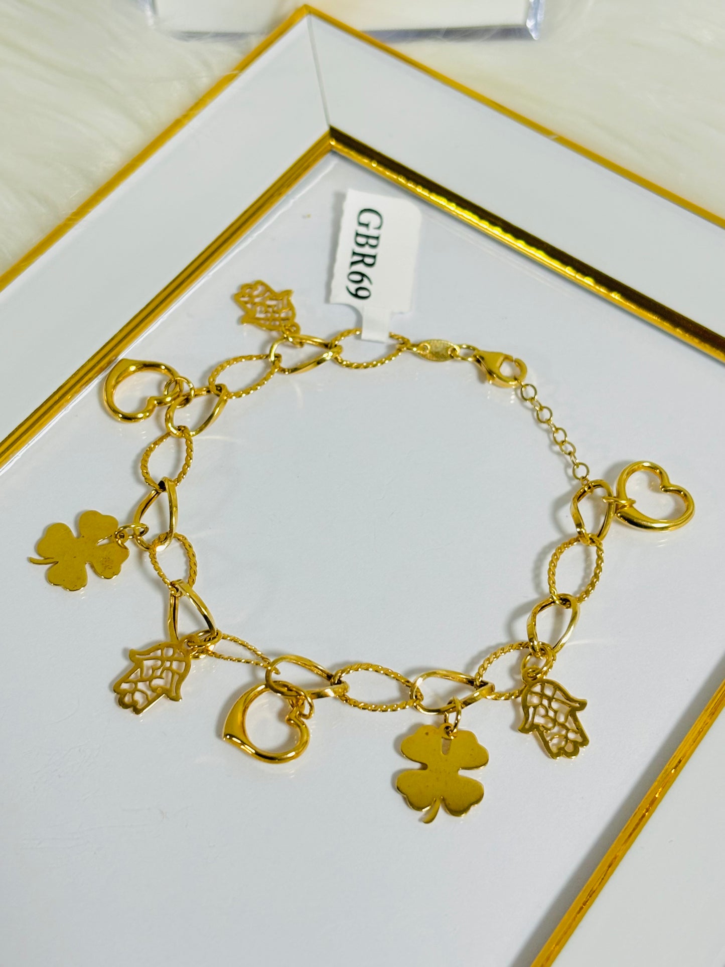 18K Gold with Hamsa, Clover and, Heart Charm Bracelet