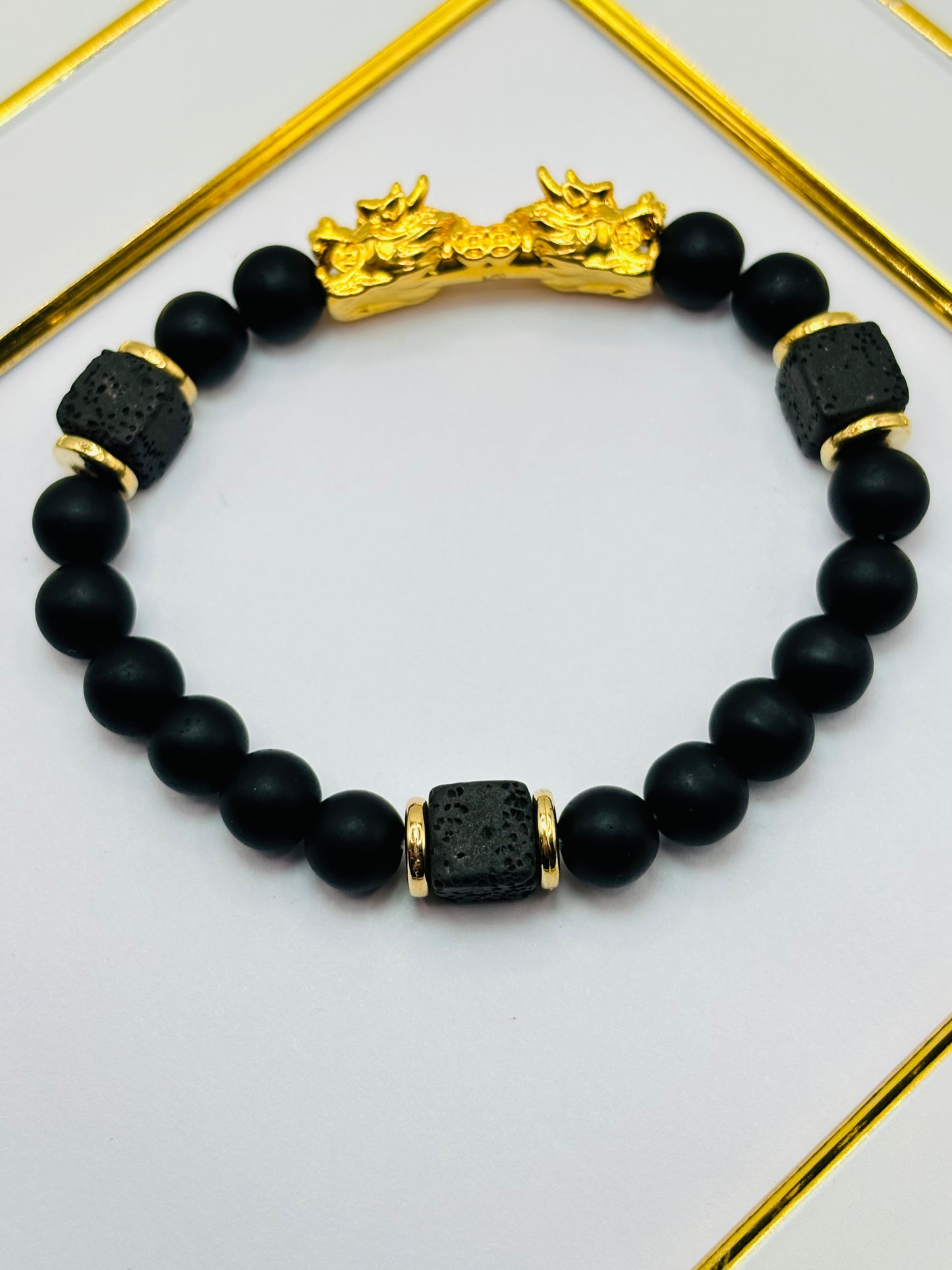 18K Gold Lucky Dragon Bracelet Lava, Black Obsidian Stone ( Hollow Empty Inside) XXL
