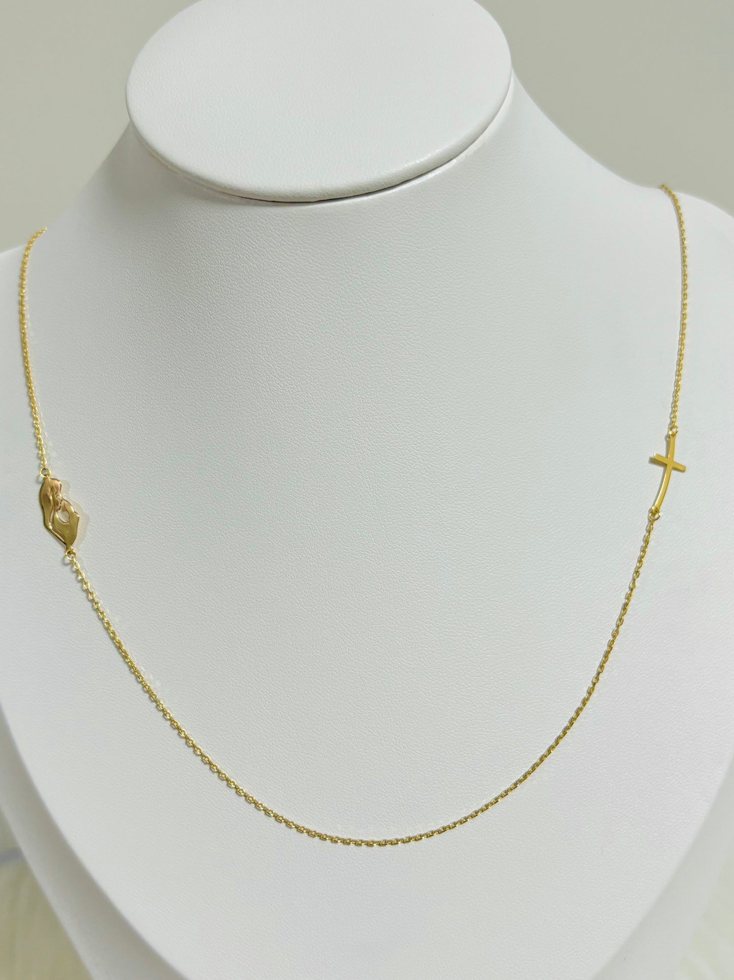 18K Gold Necklace with Attached Pendant Cross and Mama Mary