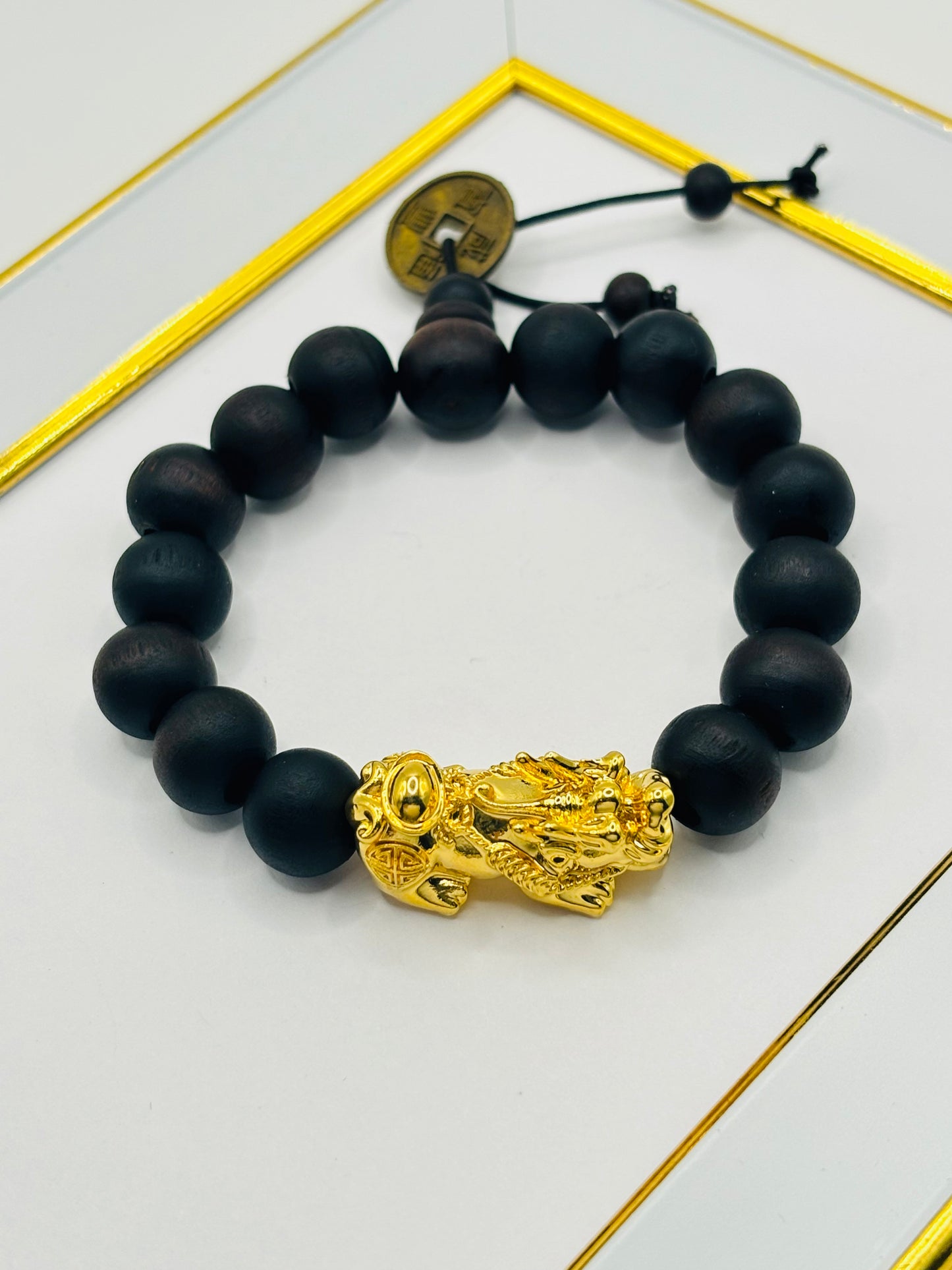 18K Gold  Lucky Piyao/ Pi Xiu Bracelet Dark Wood with Lucky Coin ( Hollow Empty Inside) XXL