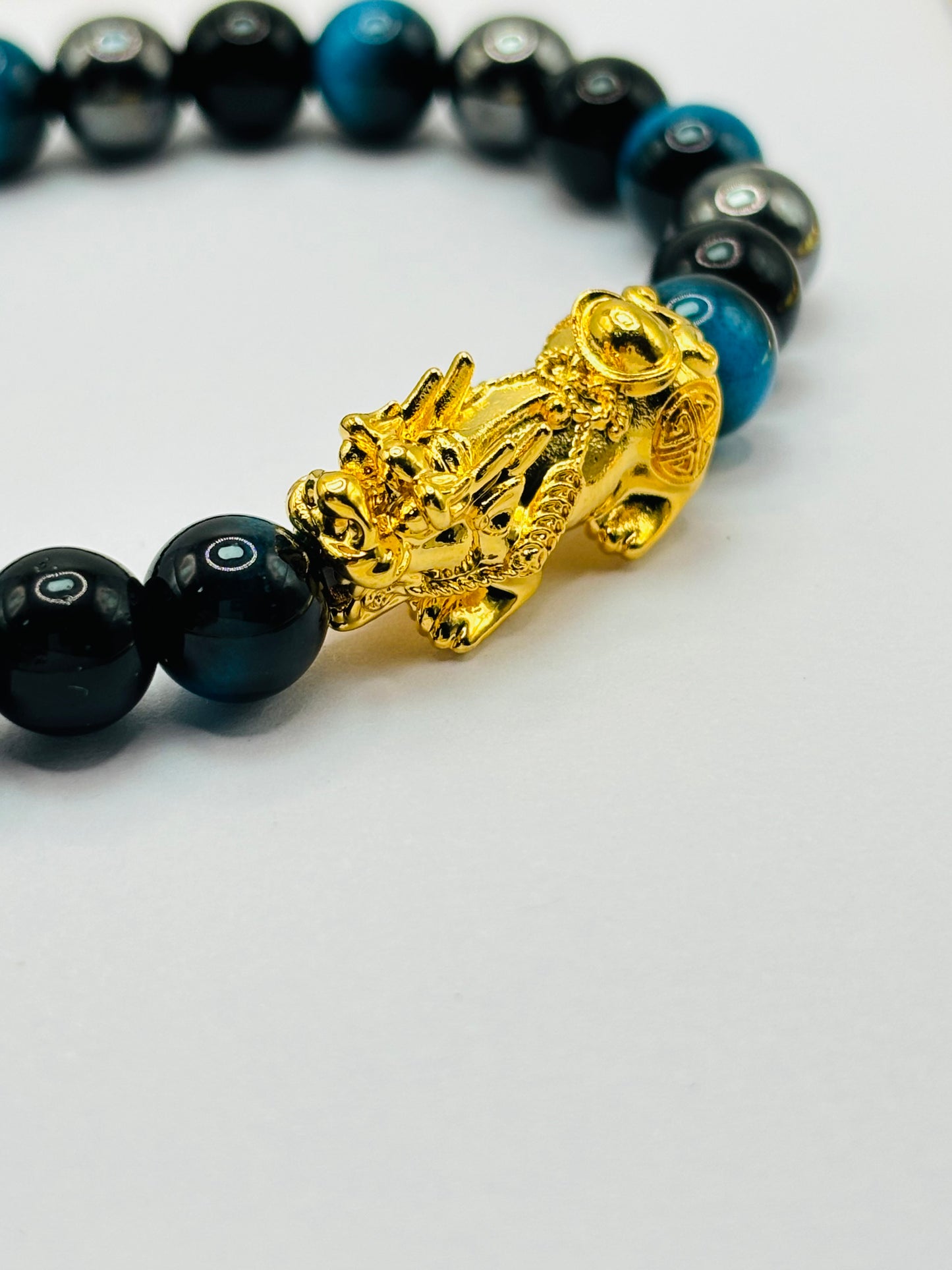 18K Gold Lucky Piyao/ Pi Xiu Tiger Eye, Black Obsidian, Hematite Stone ( Hollow Empty Inside) Extra Large Size