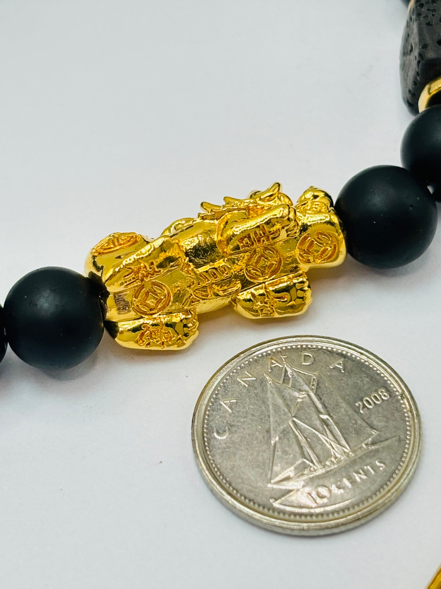 18K Gold Lucky Piyao/ Pi Xiu Square Lava and Black Agate Stone ( Hollow Empty Inside) Extra Large Size
