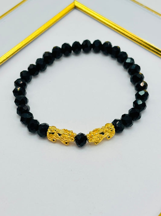 18K Gold  Double Lucky Piyao/ Pi Xiu Black Stone  ( Hollow Empty Inside) Small Size