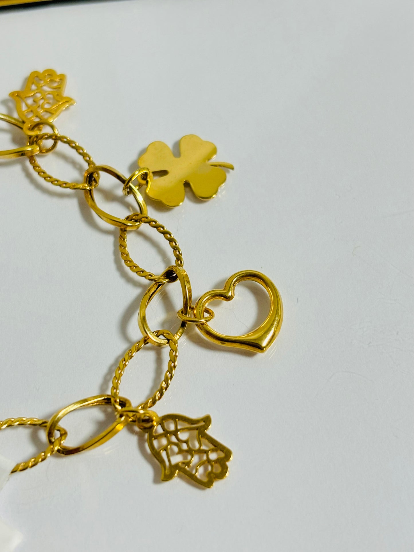18K Gold with Hamsa, Clover and, Heart Charm Bracelet