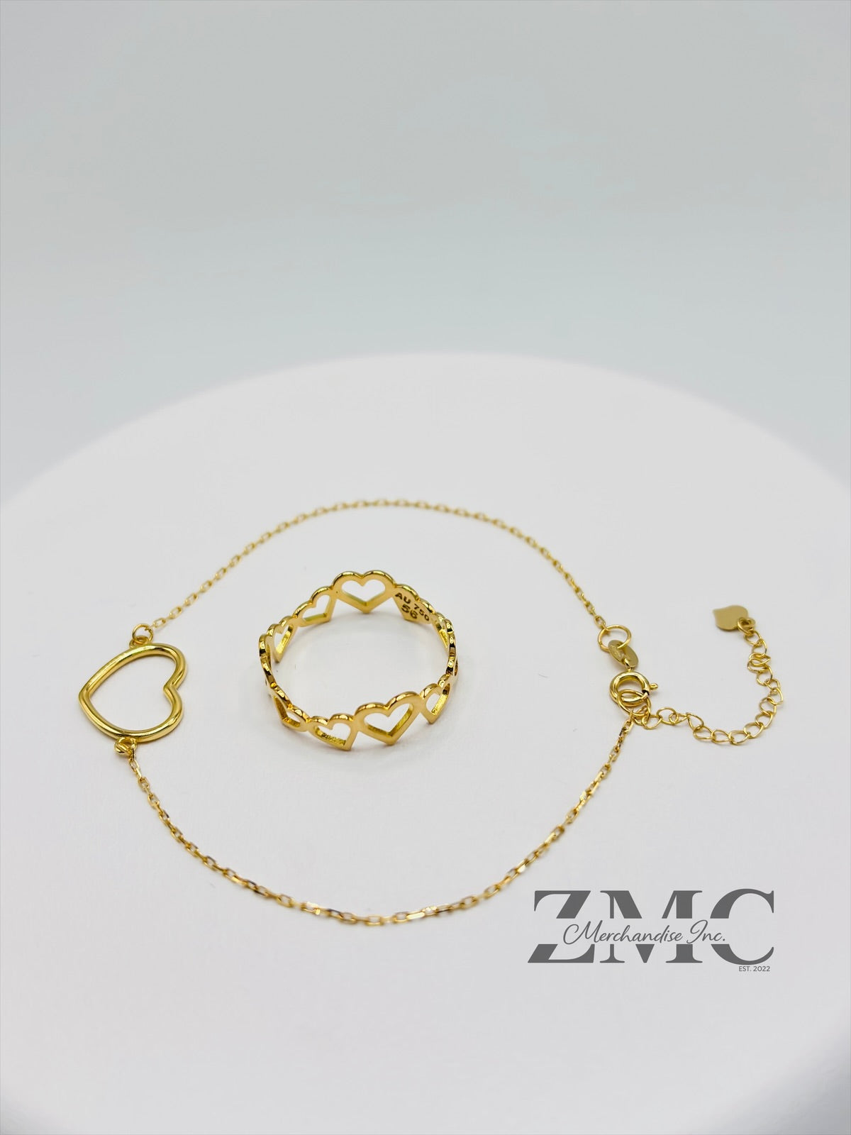 18K Gold Open Heart Ring and Bracelet Set