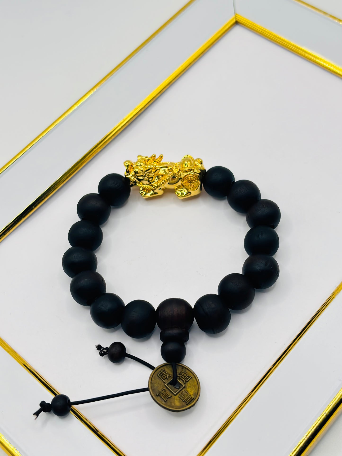 18K Gold  Lucky Piyao/ Pi Xiu Bracelet Dark Wood with Lucky Coin ( Hollow Empty Inside) XXL