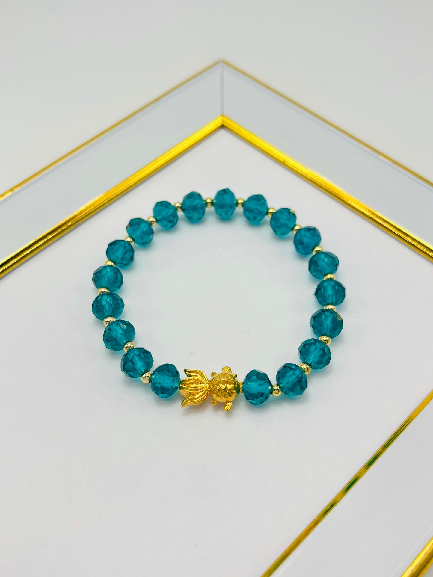 18K Gold Lucky Koi Fish Blue/Green Stone ( Hollow Empty Inside) Medium Size