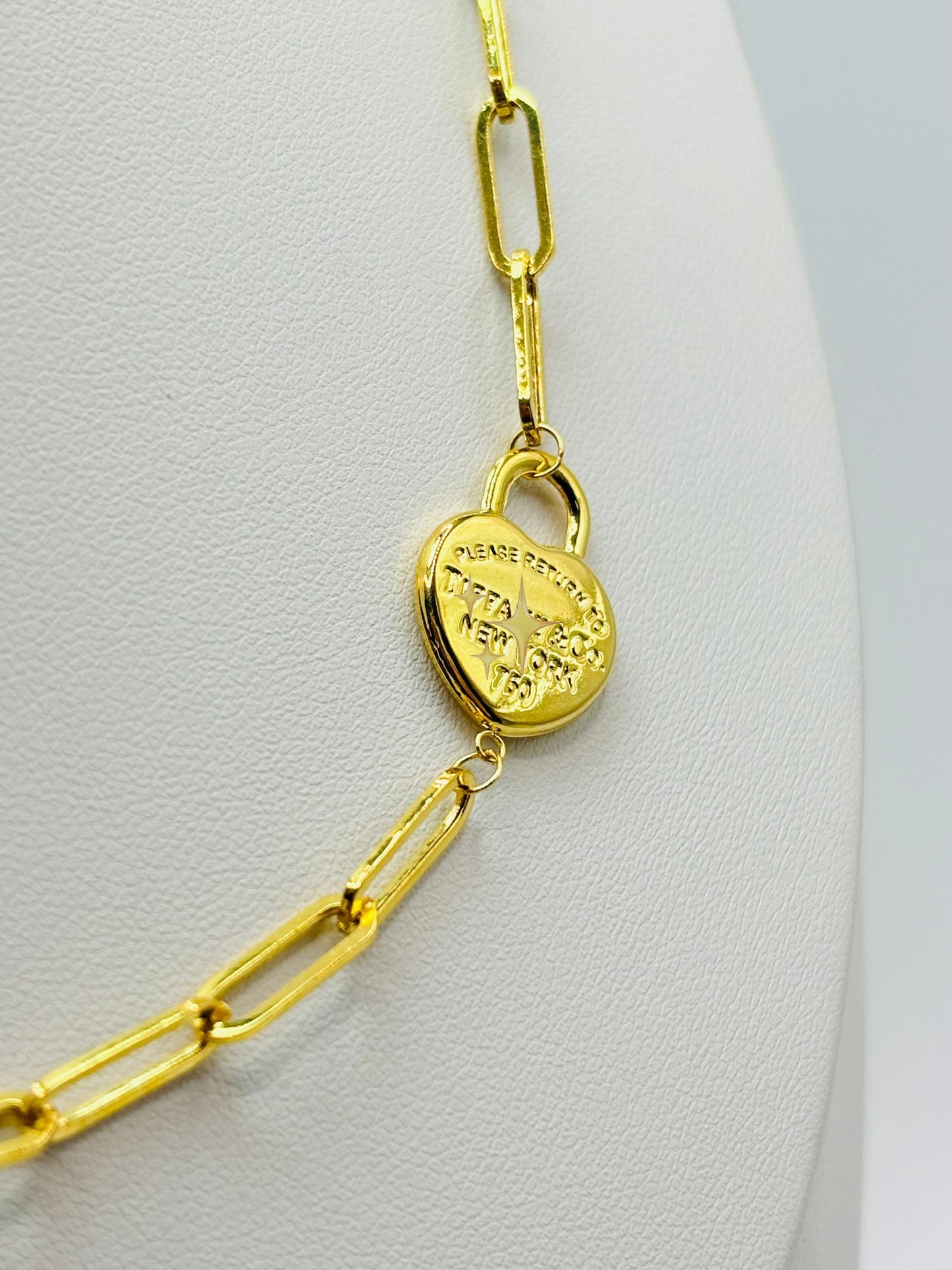 18K Gold Paperclip with Padlock and Heart Charm Necklace