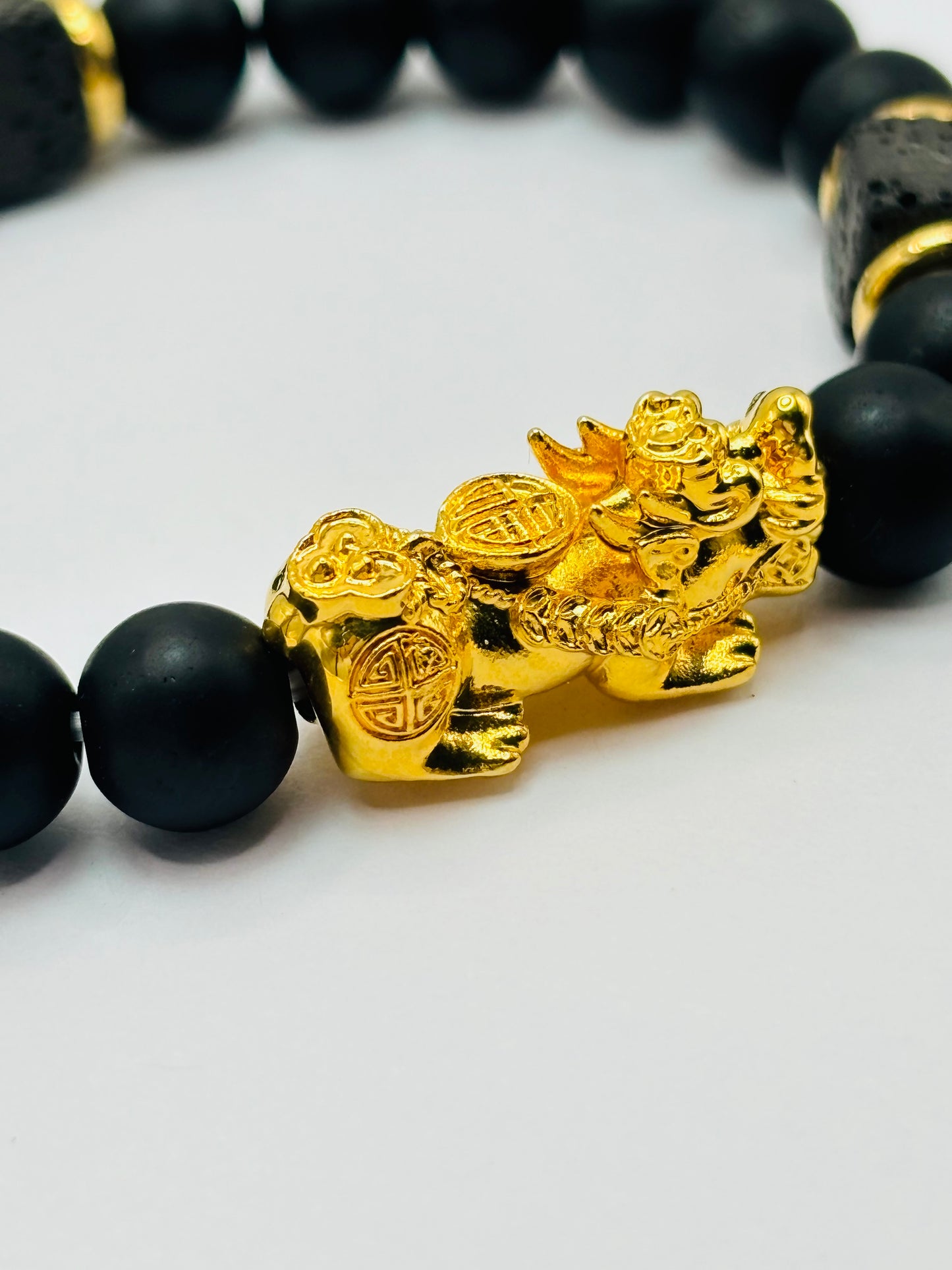18K Gold Lucky Piyao/ Pi Xiu Square Lava and Black Agate Stone ( Hollow Empty Inside) Extra Large Size