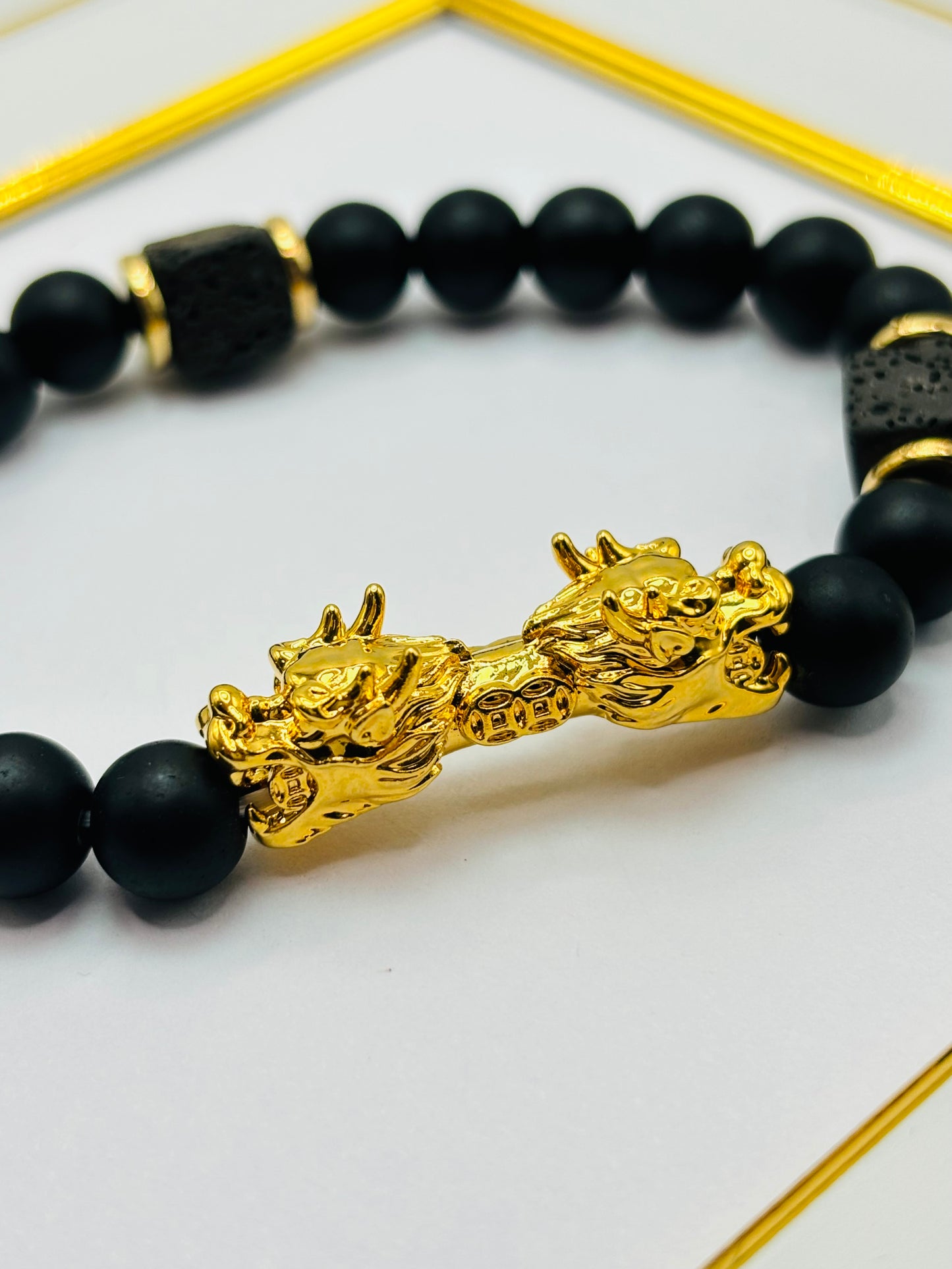 18K Gold Lucky Dragon Bracelet Lava, Black Obsidian Stone ( Hollow Empty Inside) XXL