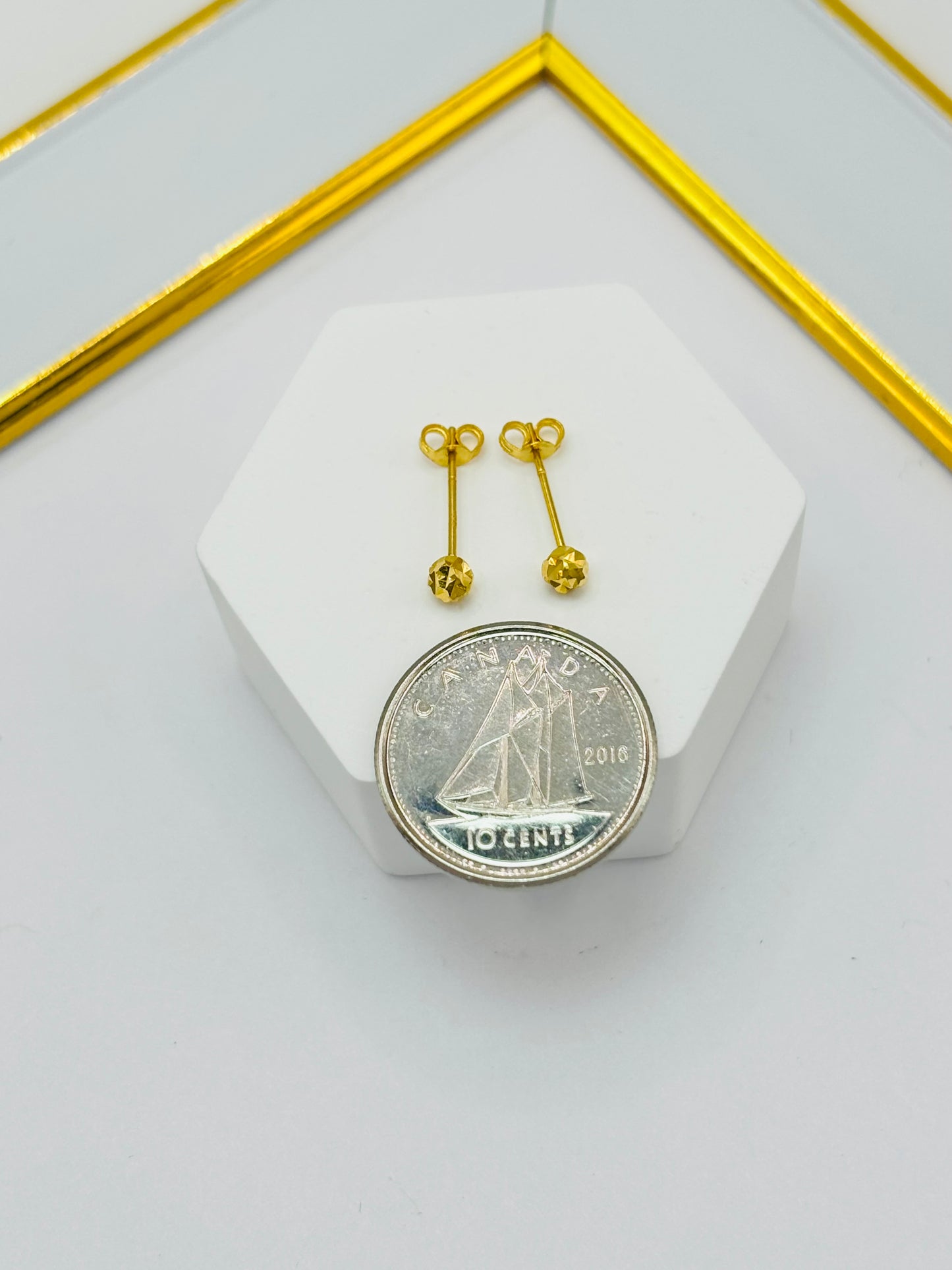 18K Gold Plain Small Diamond Cut Ball Kids Earrings