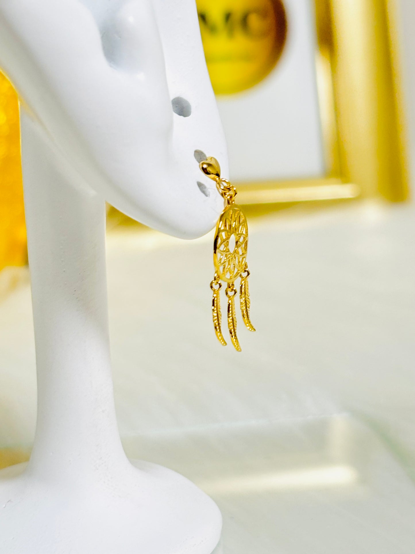 18K Gold Dream Catcher Dangling Earrings