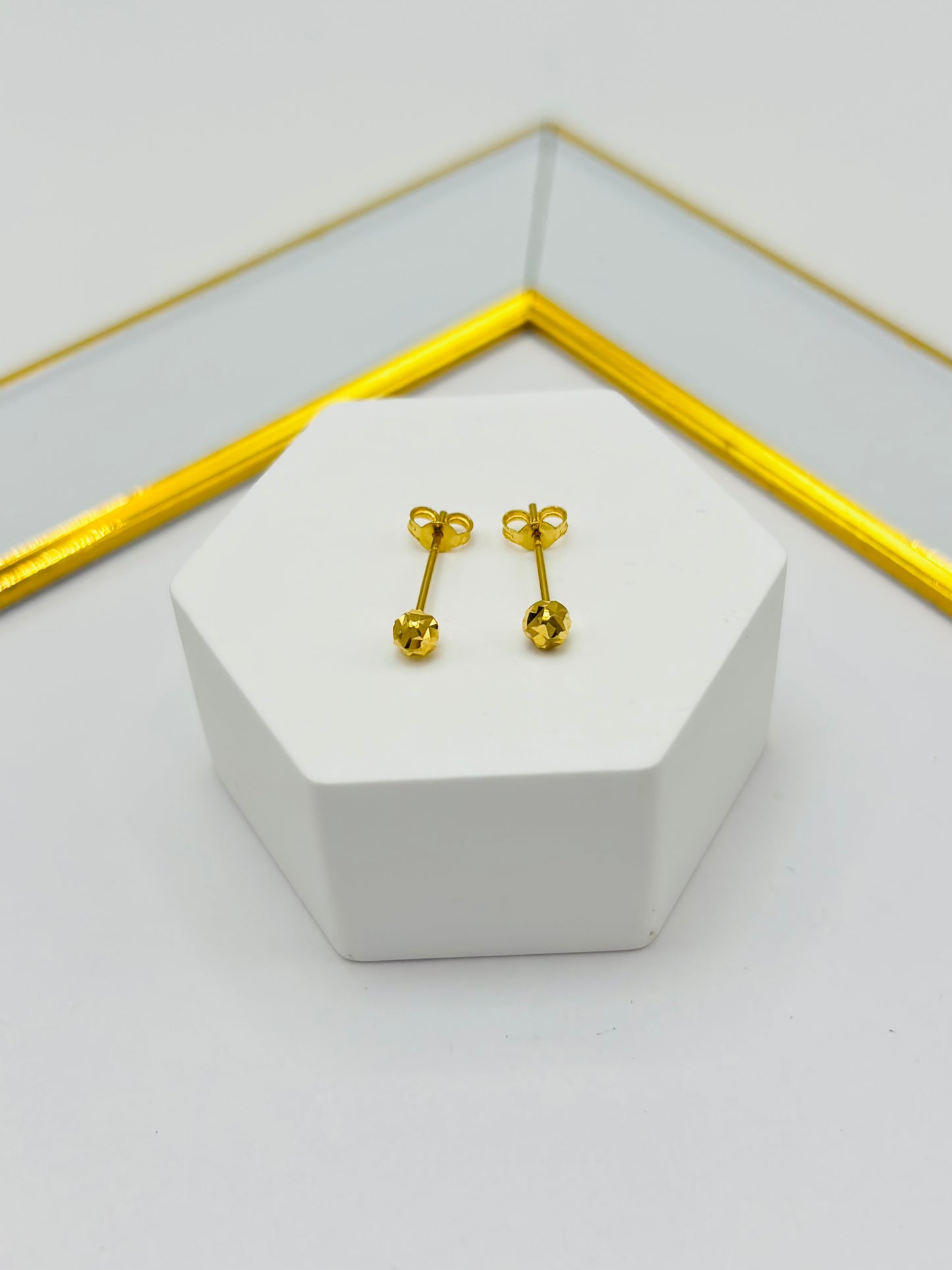 18K Gold Plain Small Diamond Cut Ball Kids Earrings
