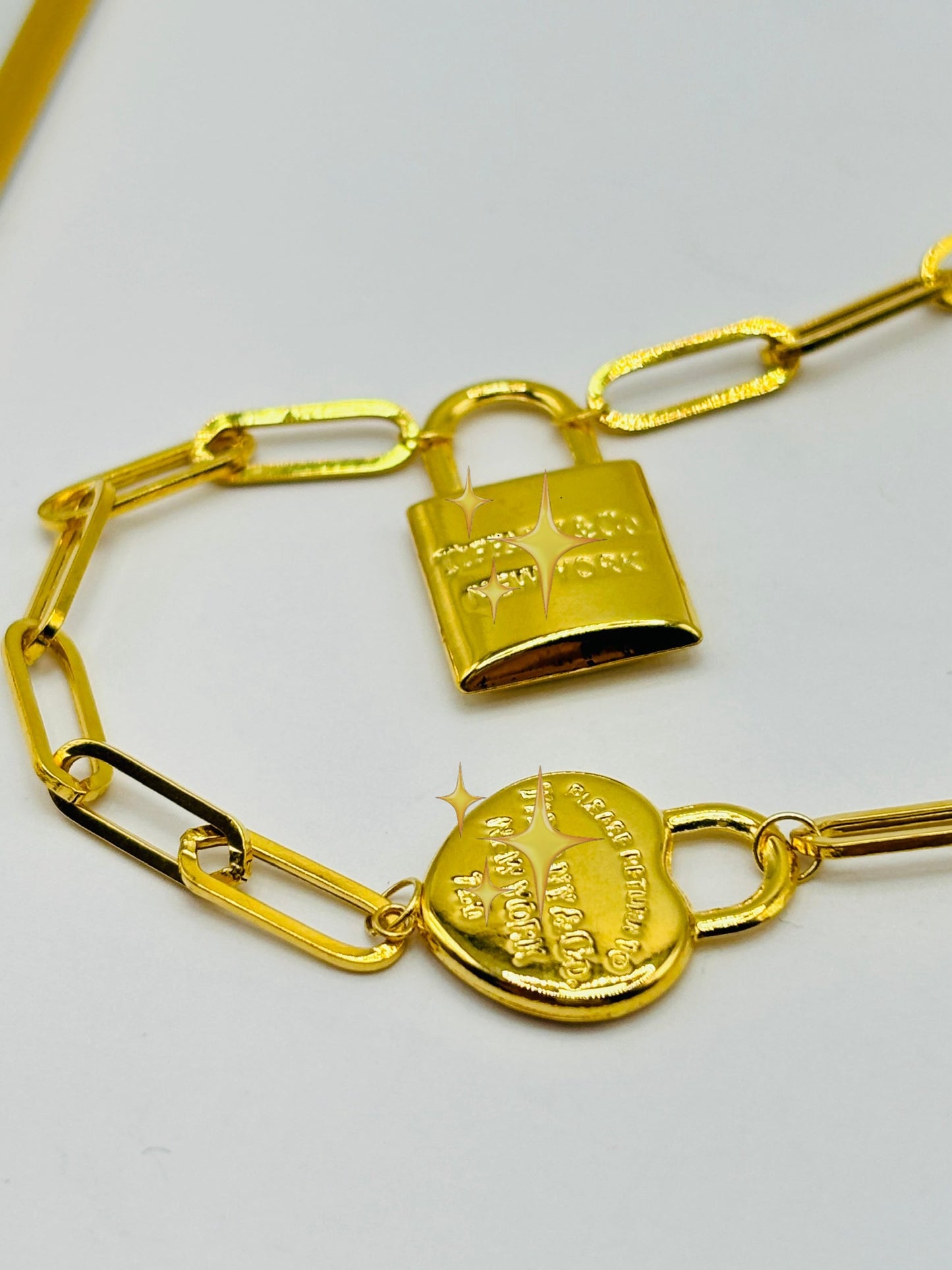18K Gold Paperclip with Padlock and Heart Charm Necklace