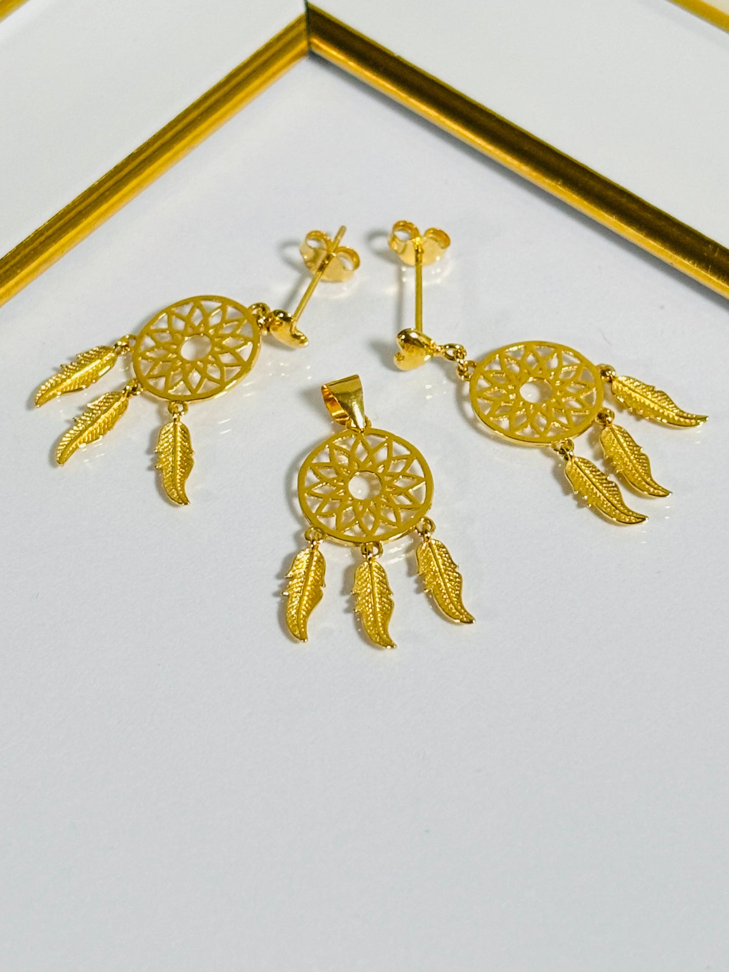 18K Gold dream Catcher Earrings and Pendant Set