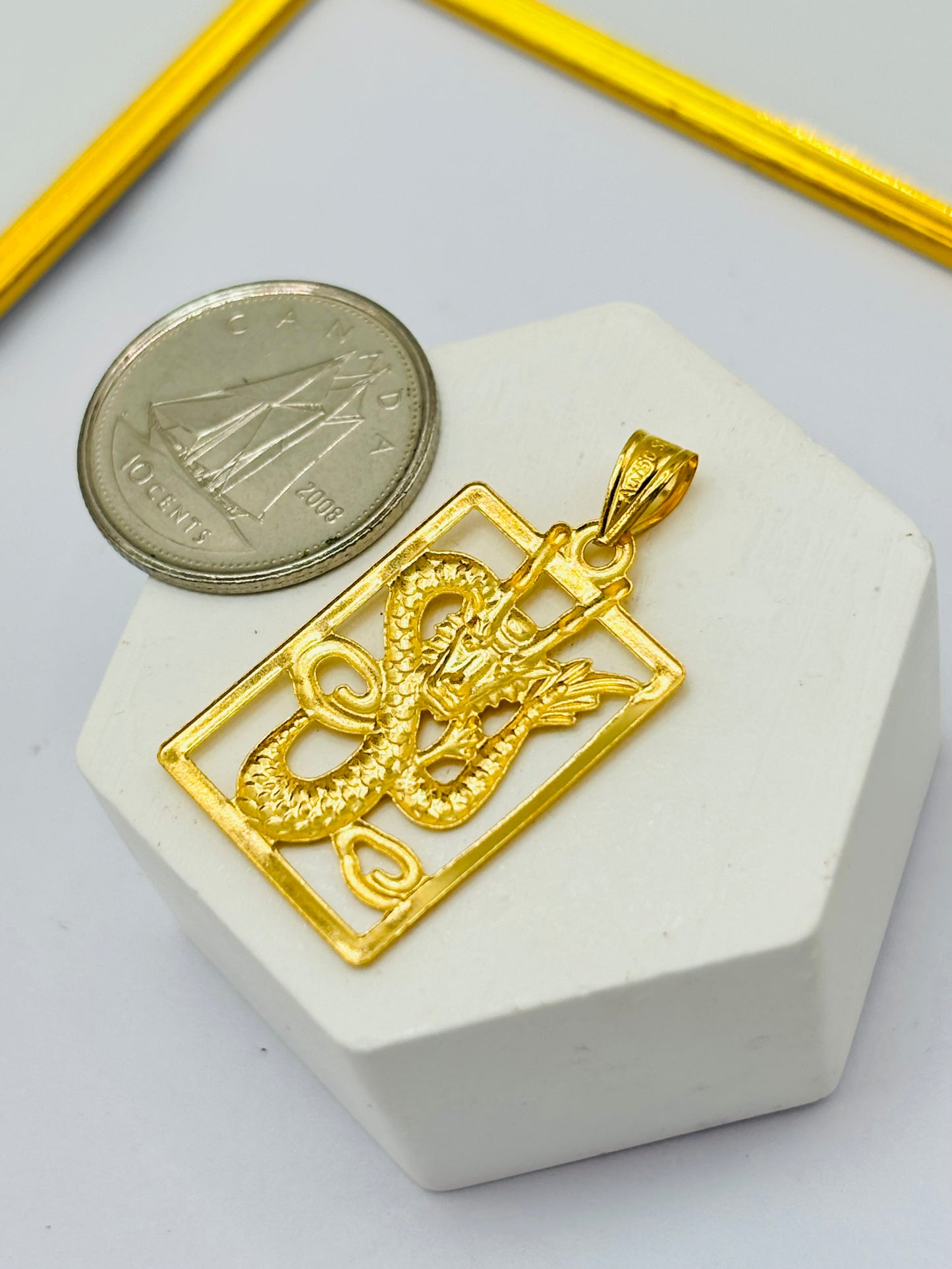 18K Gold Square Dragon Pendant