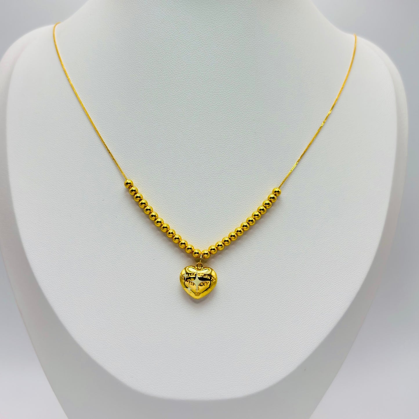 18K Gold Running Ball & Heart Charm Necklace
