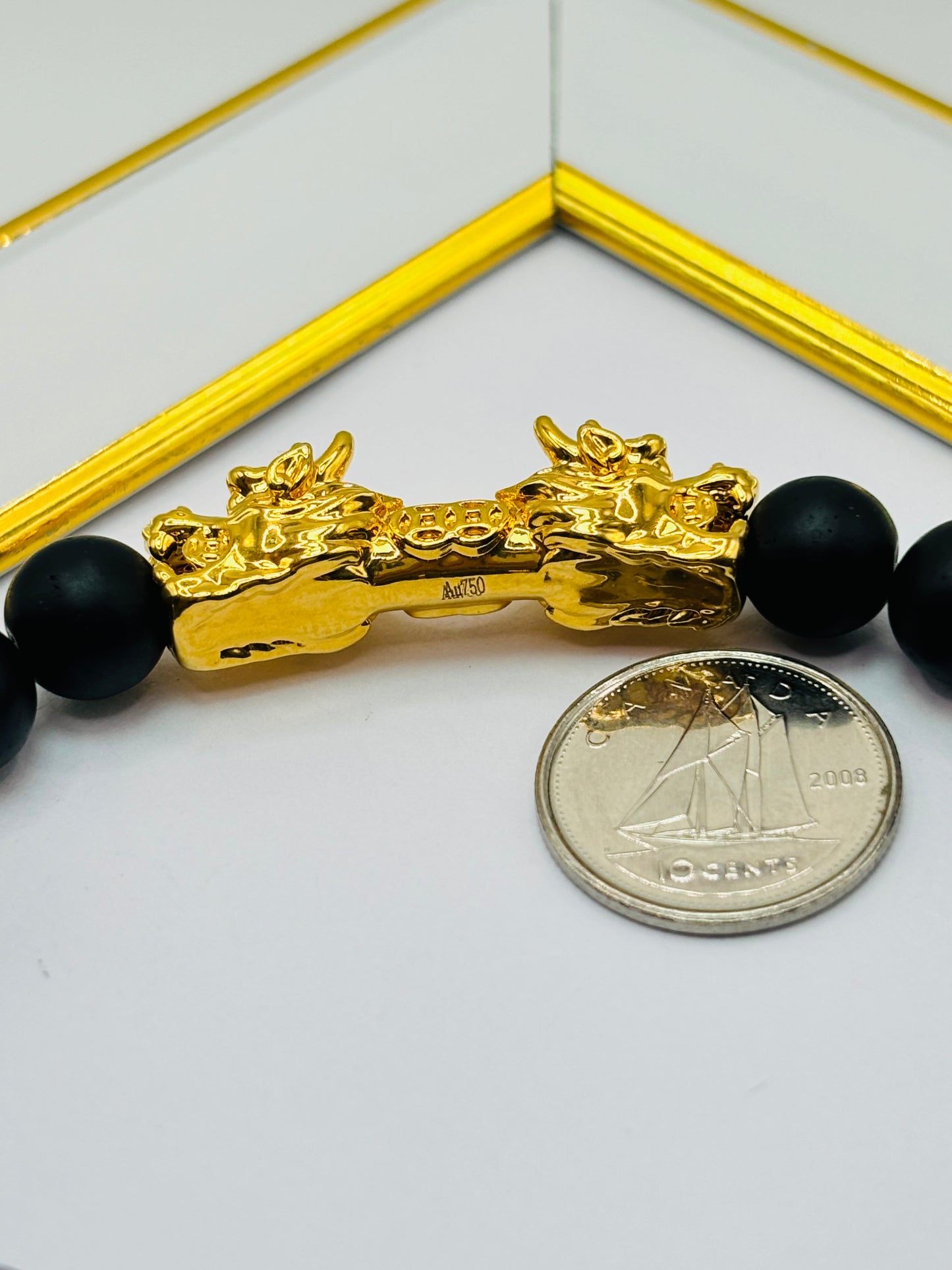 18K Gold Lucky Dragon Bracelet Lava, Black Obsidian Stone ( Hollow Empty Inside) XXL