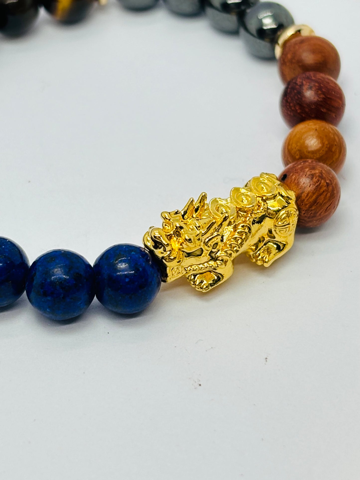 18K Gold Lucky Piyao/ Pi Xiu Tiger Eye, Lapis Lazuli, Black Obsidian, Woods ( Hollow Empty Inside) Large Size