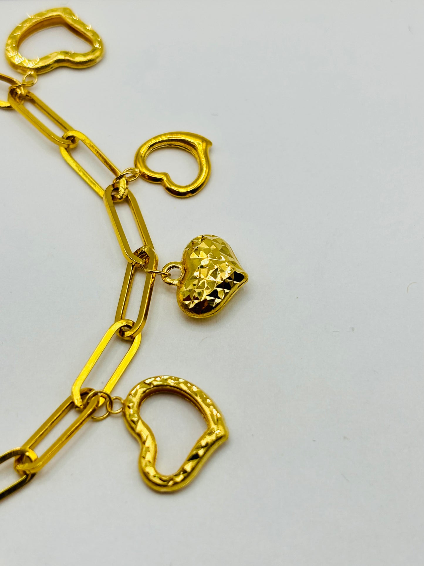 18K Gold Paperclip Bracelet with Hearts Charm