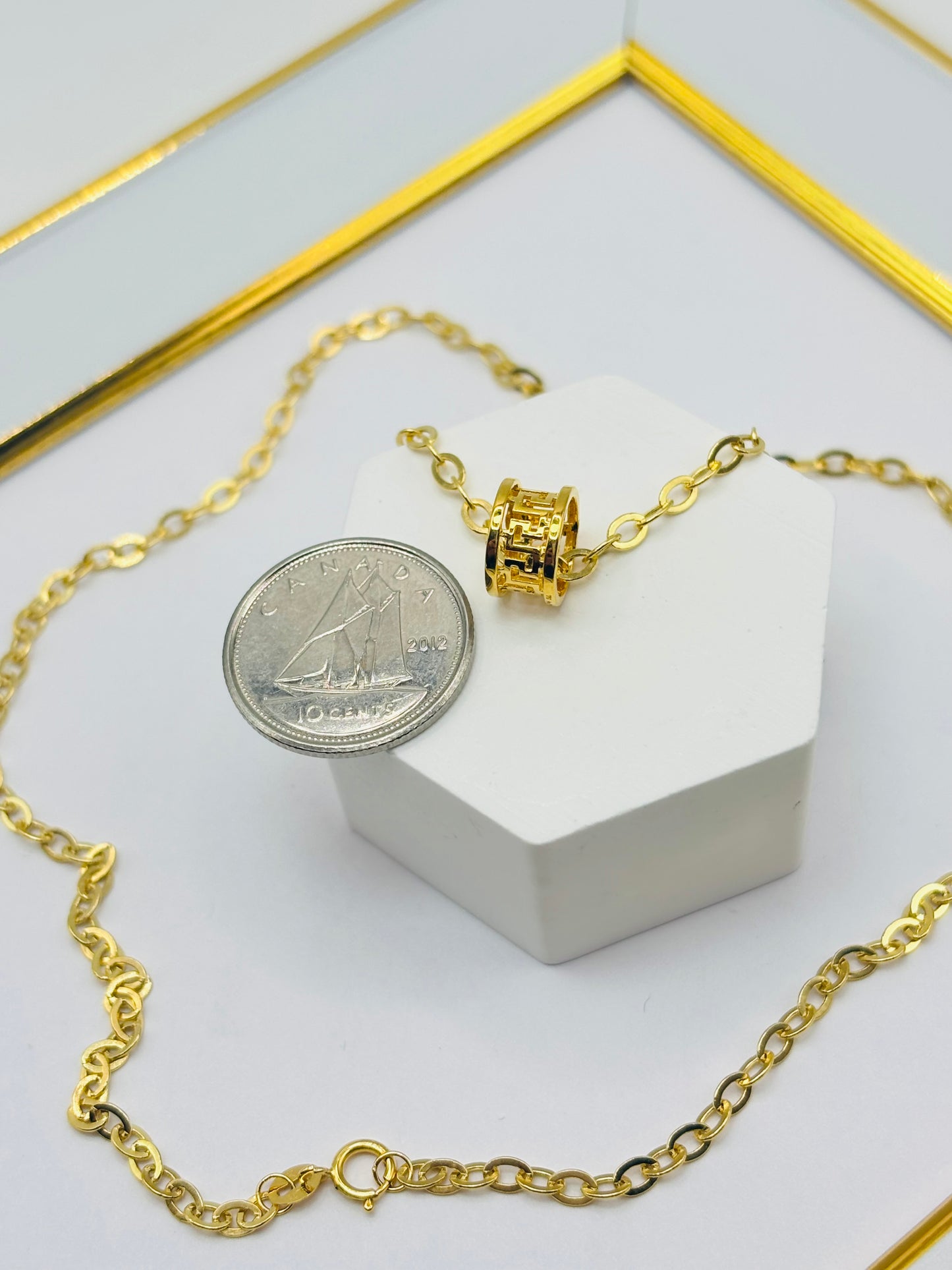 18K Gold Small Link Paperclip Chain with Barrel Pendant
