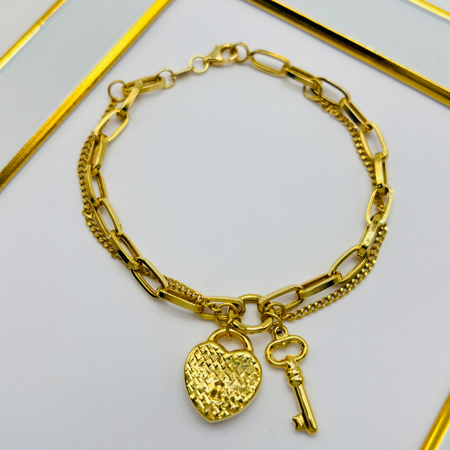 K18 Japan Gold Double Bracelet with Hearth & key Charm Bracelet
