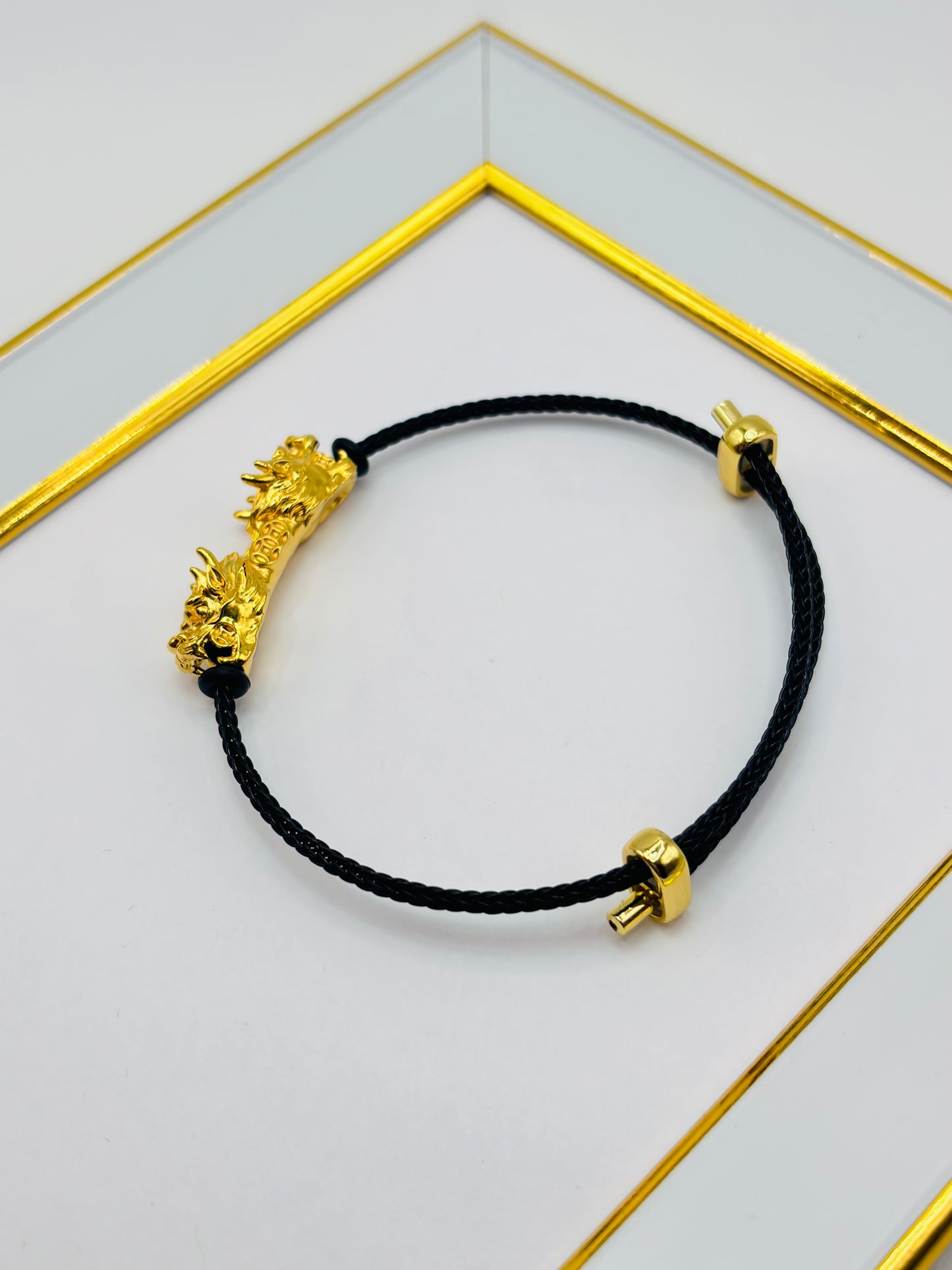 18K Gold Lucky Dragon Bracelet ( Hollow Empty Inside) Black Rope XXL