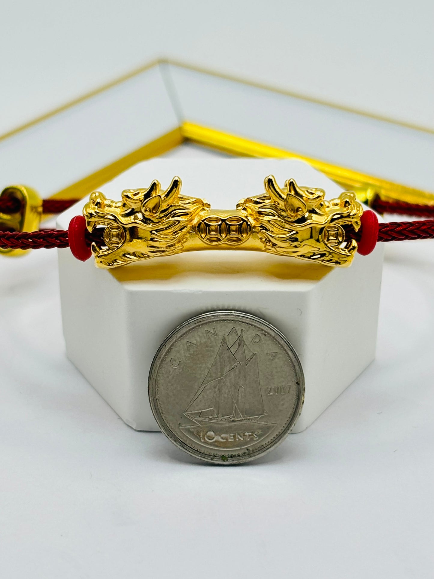 18K Gold Lucky Dragon Bracelet ( Hollow Empty Inside) Red Rope XXL