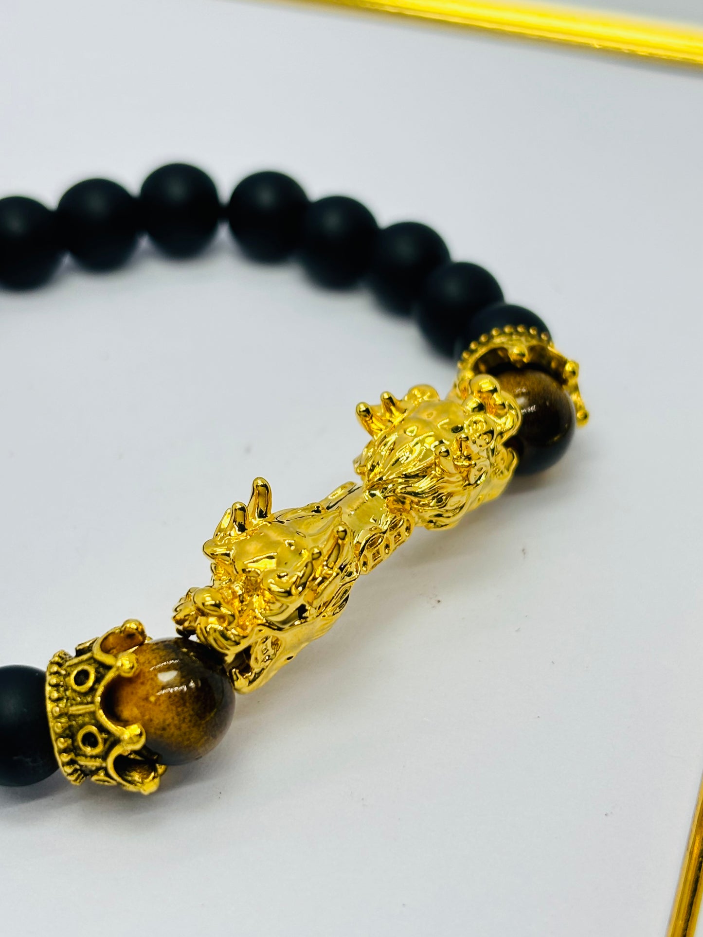 18K Gold Lucky Dragon Bracelet Tiger Eye, Black Obsidian Stone ( Hollow Empty Inside) XXL