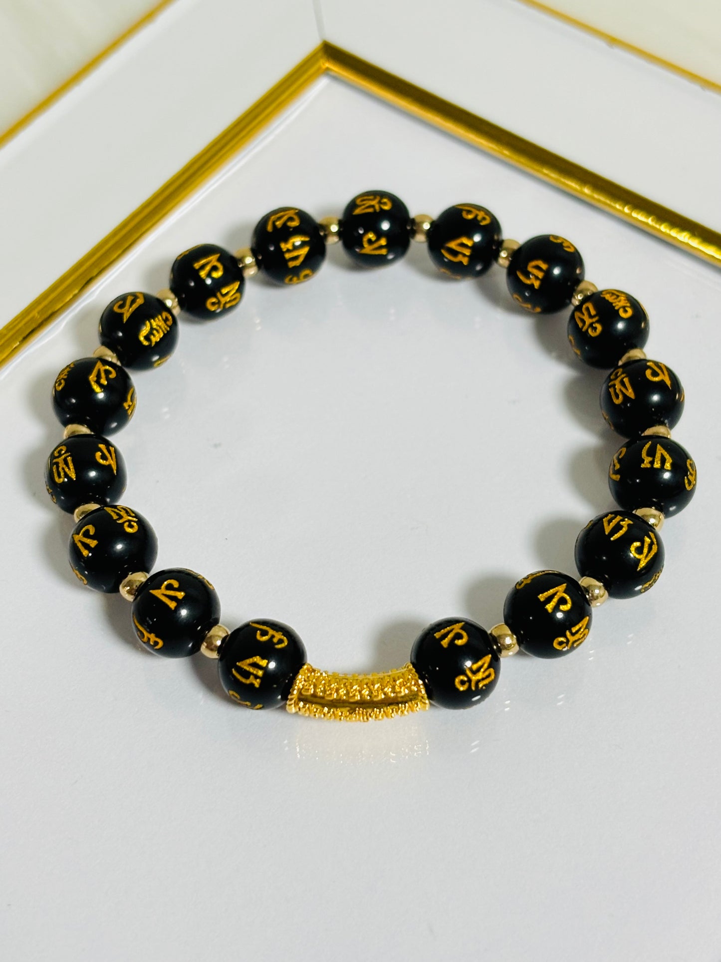 18K Gold Lucky Baifu Bracelet Black Agate Mantra