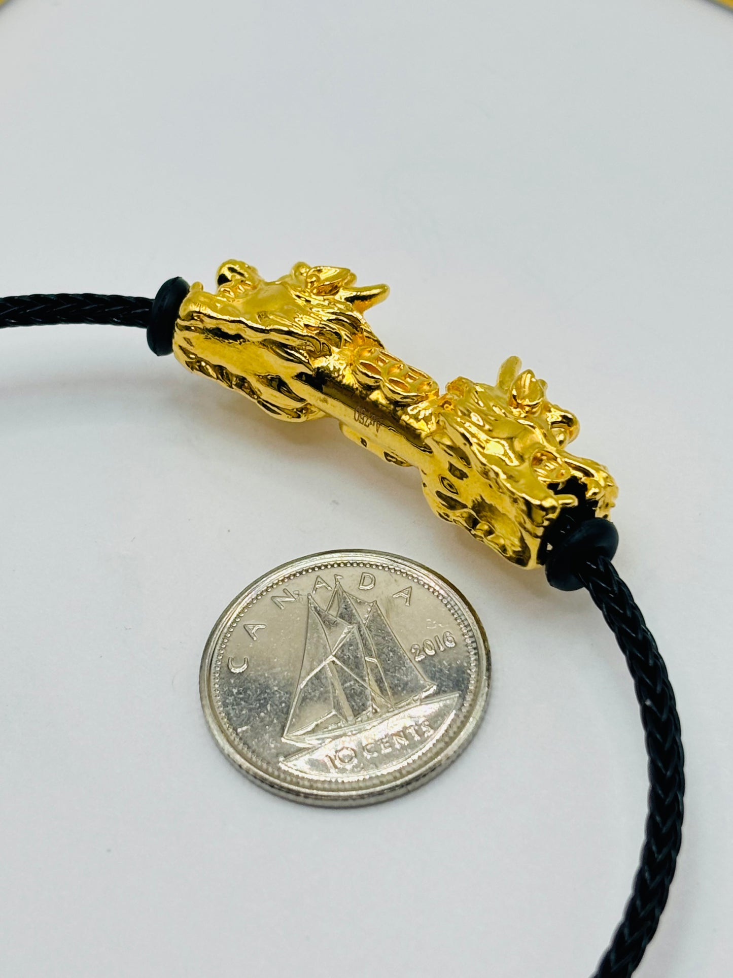 18K Gold Lucky Dragon Bracelet ( Hollow Empty Inside) Black Rope XXL