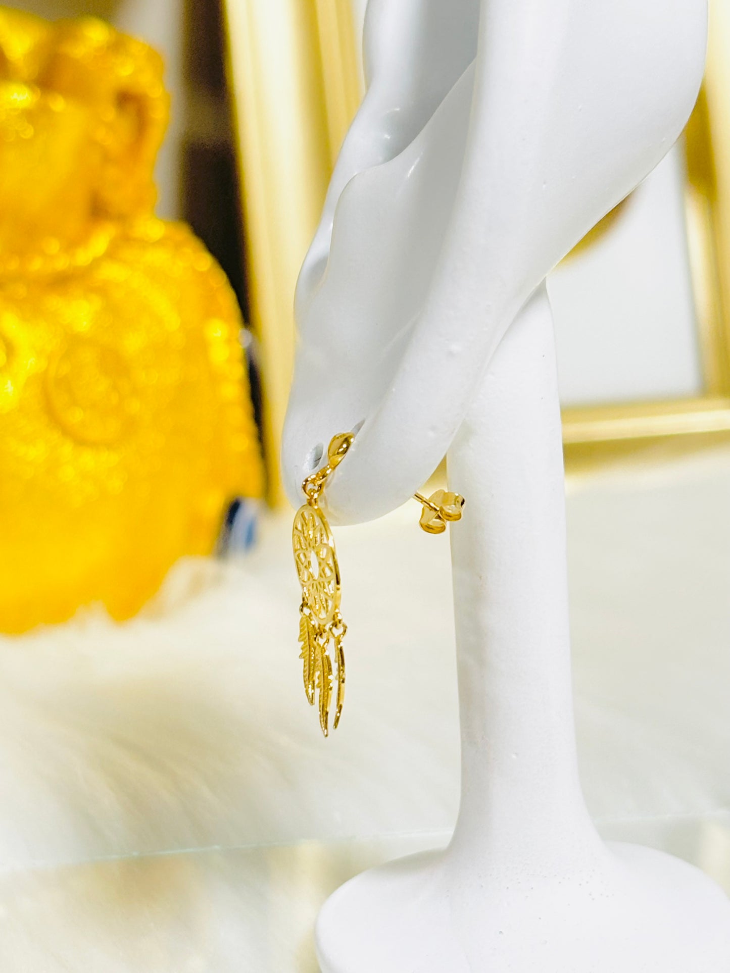18K Gold Dream Catcher Dangling Earrings