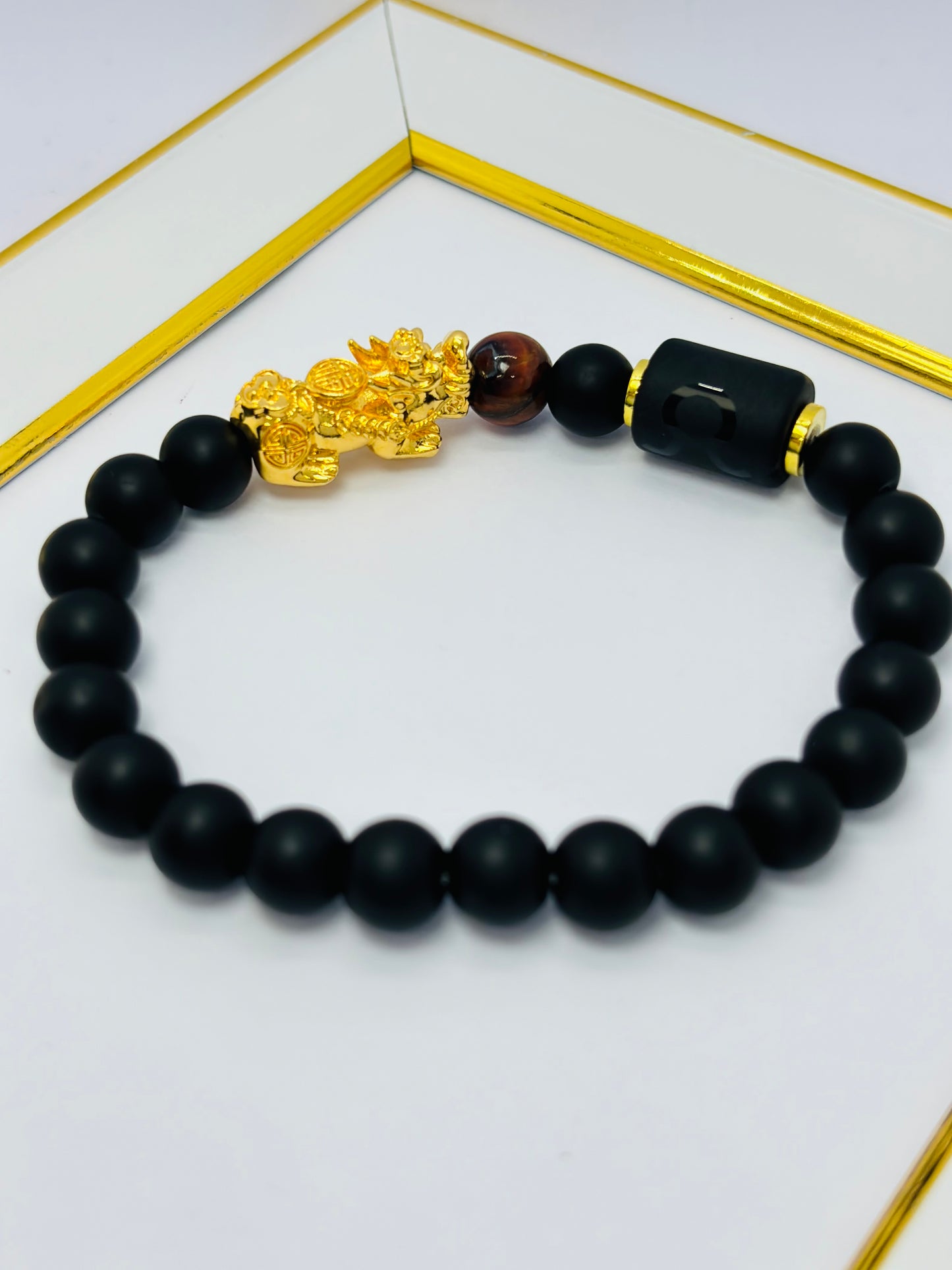 18K Gold Lucky Piyao/ Pi Xiu Black Stone with Taurus Zodiac Sign Barrel ( Hollow Empty Inside) Extra Large Size