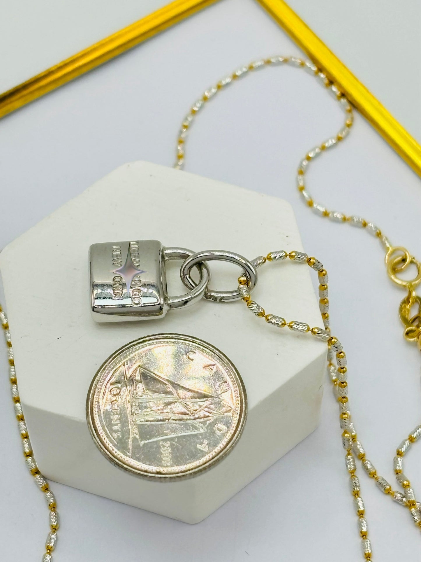 18K White/Yellow Gold with Padlock Pedant Necklace Set