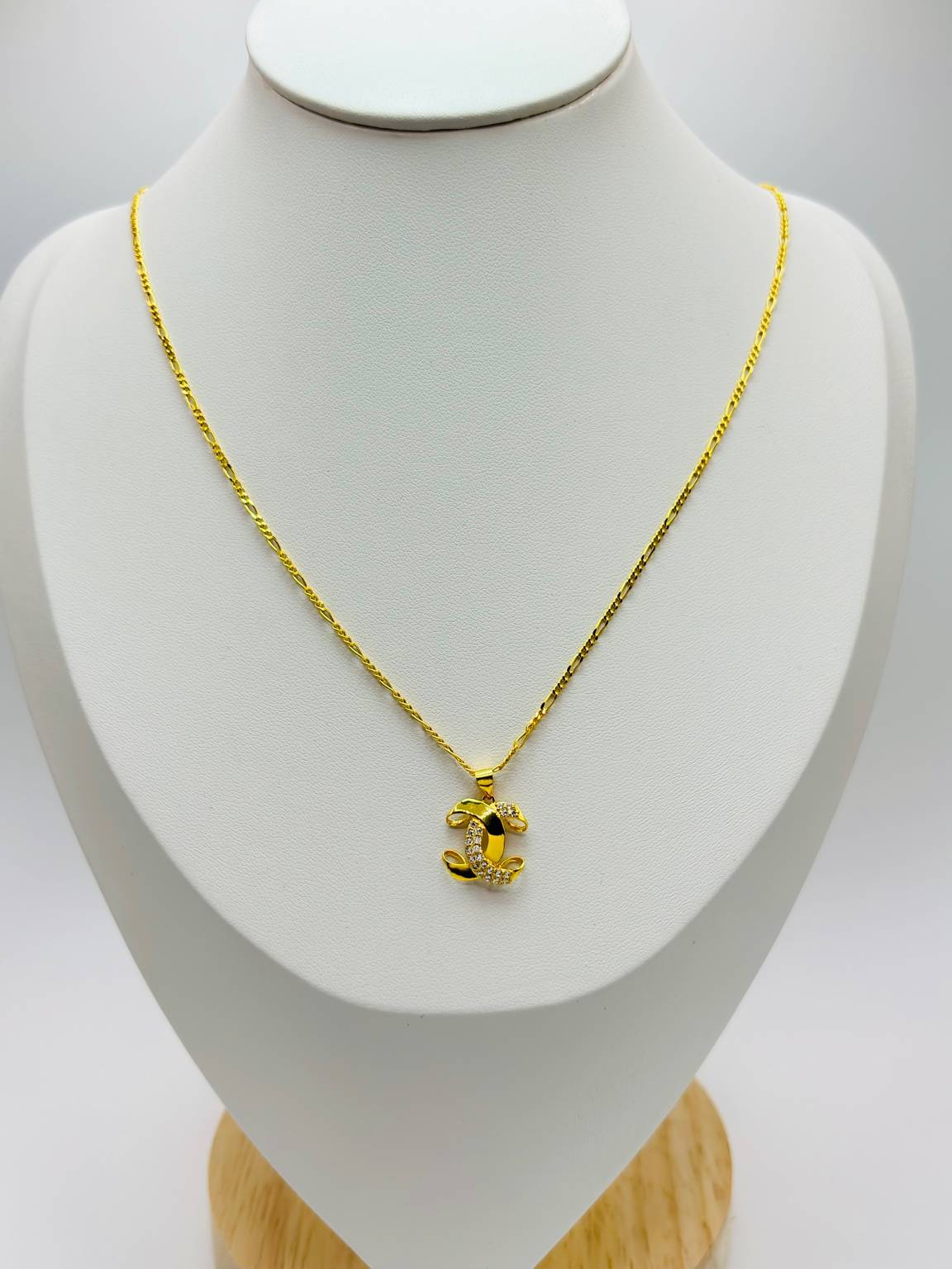 18K Gold Figaro Chain with Pendant and Earrings Set