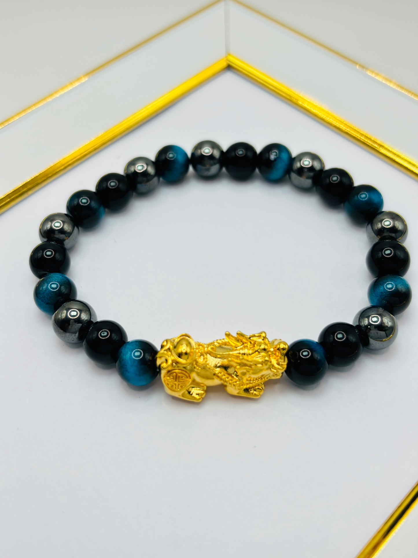 18K Gold Lucky Piyao/ Pi Xiu Tiger Eye, Black Obsidian, Hematite Stone ( Hollow Empty Inside) Extra Large Size