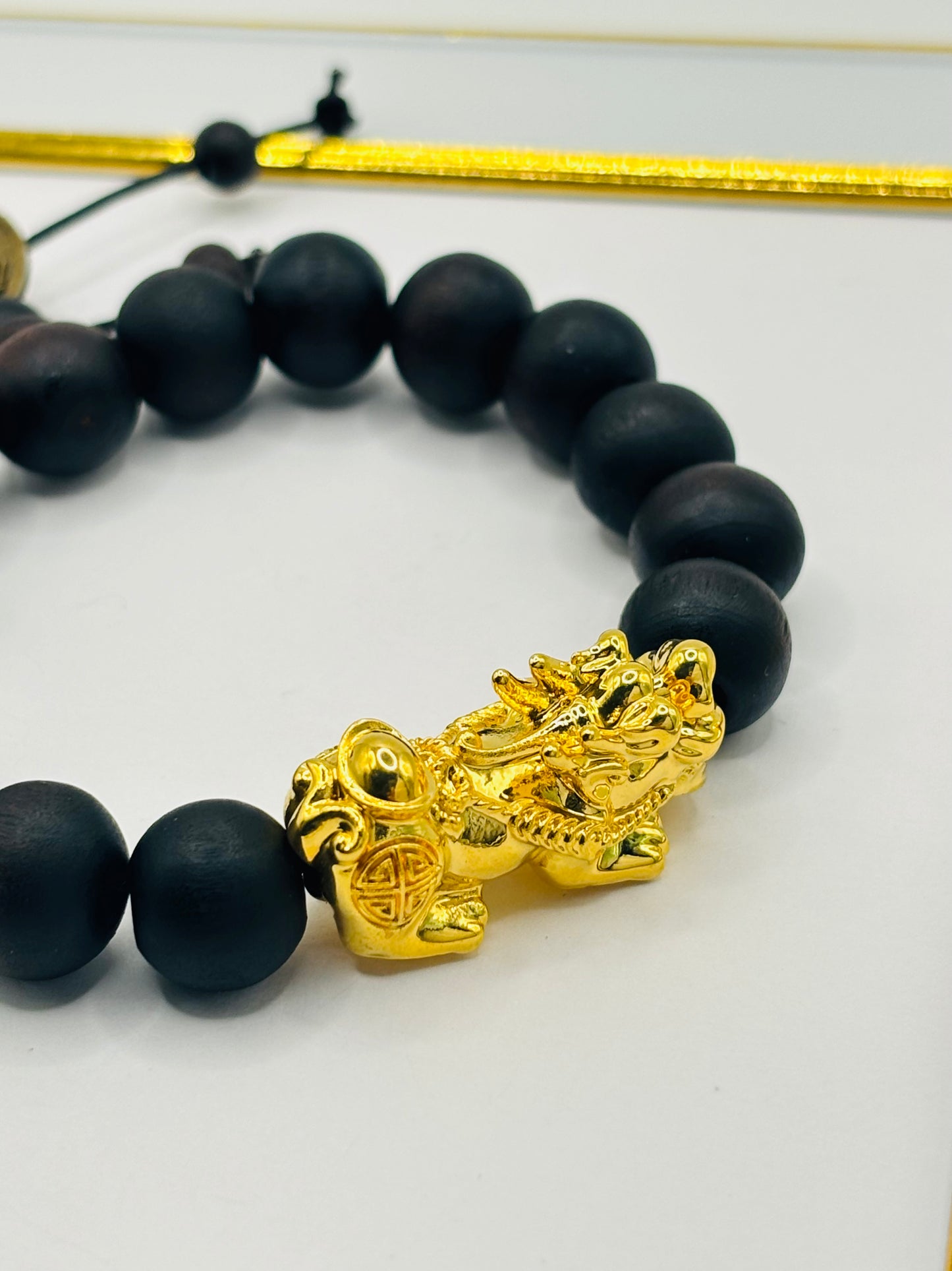 18K Gold  Lucky Piyao/ Pi Xiu Bracelet Dark Wood with Lucky Coin ( Hollow Empty Inside) XXL