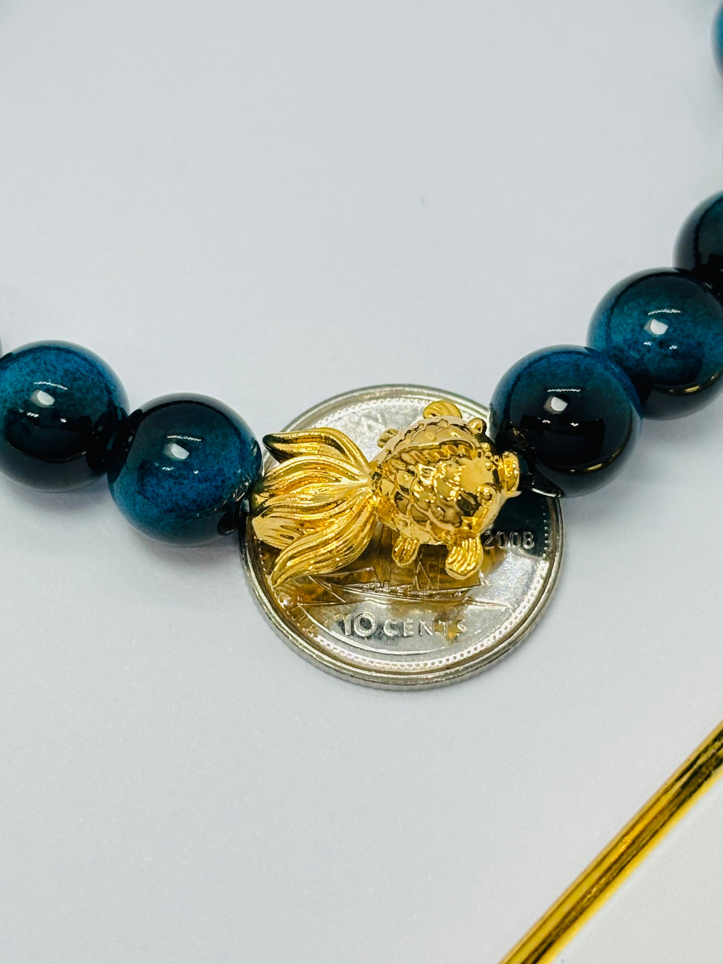 18K Gold Lucky Koi Fish Blue Tiger Eye Stone ( Hollow Empty Inside) Medium Size