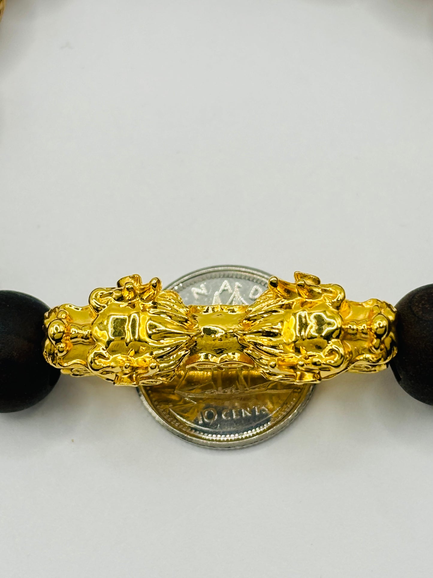 18K Gold Lucky Dragon Bracelet ( Hollow Empty Inside) Natural Carved Wood XXL