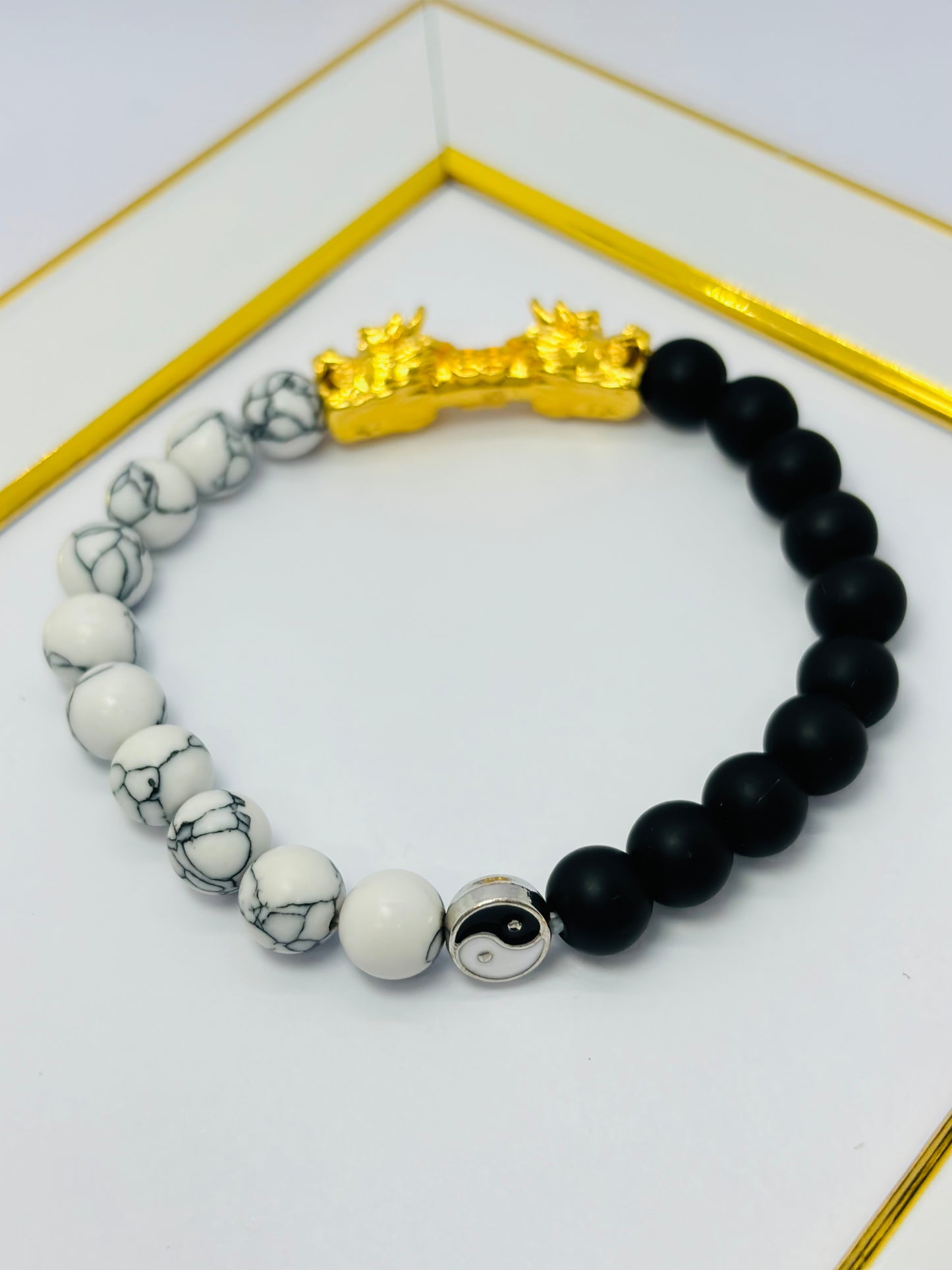 18K Gold Lucky Dragon Bracelet Yan Tai Chi Stone ( Hollow Empty Inside) XXL