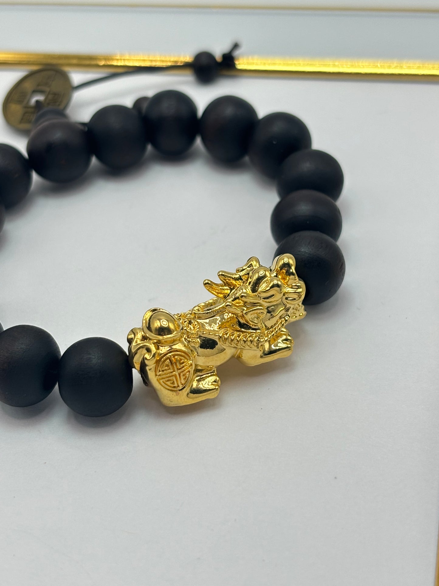 18K Gold  Lucky Piyao/ Pi Xiu Bracelet Dark Wood with Lucky Coin ( Hollow Empty Inside) XXL