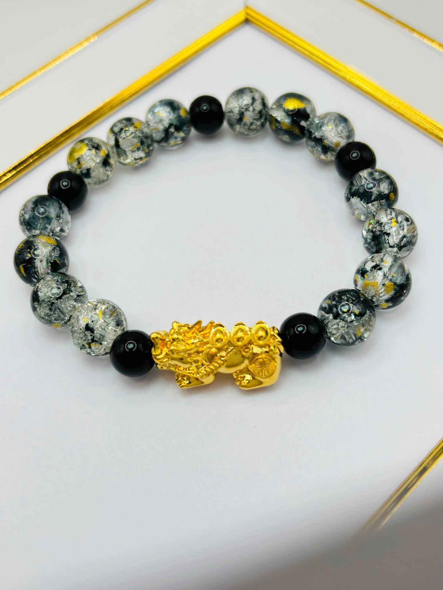 18K Gold Lucky Piyao/ Pi Xiu Glass Beads Stone ( Hollow Empty Inside) Extra Large Size