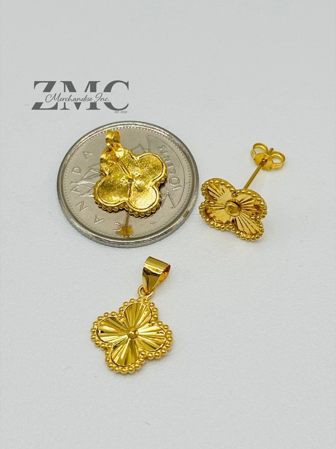 18K Gold Clover Earrings and Pendant Set 10 mm
