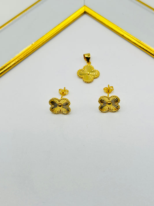 18K Gold Clover Earrings and Pendant Set