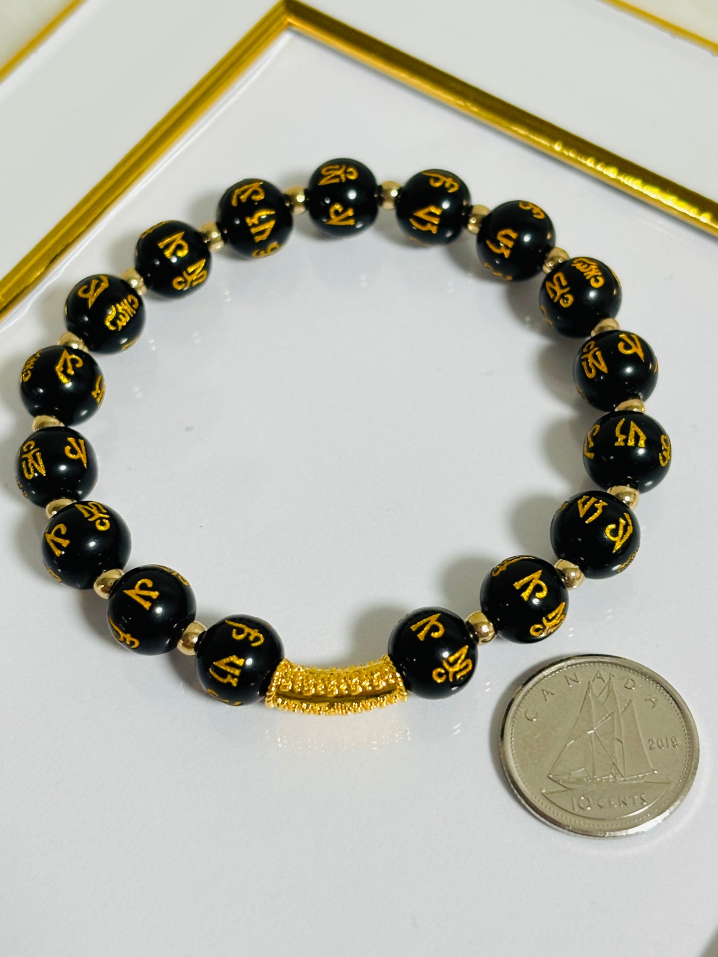 18K Gold Lucky Baifu Bracelet Black Agate Mantra
