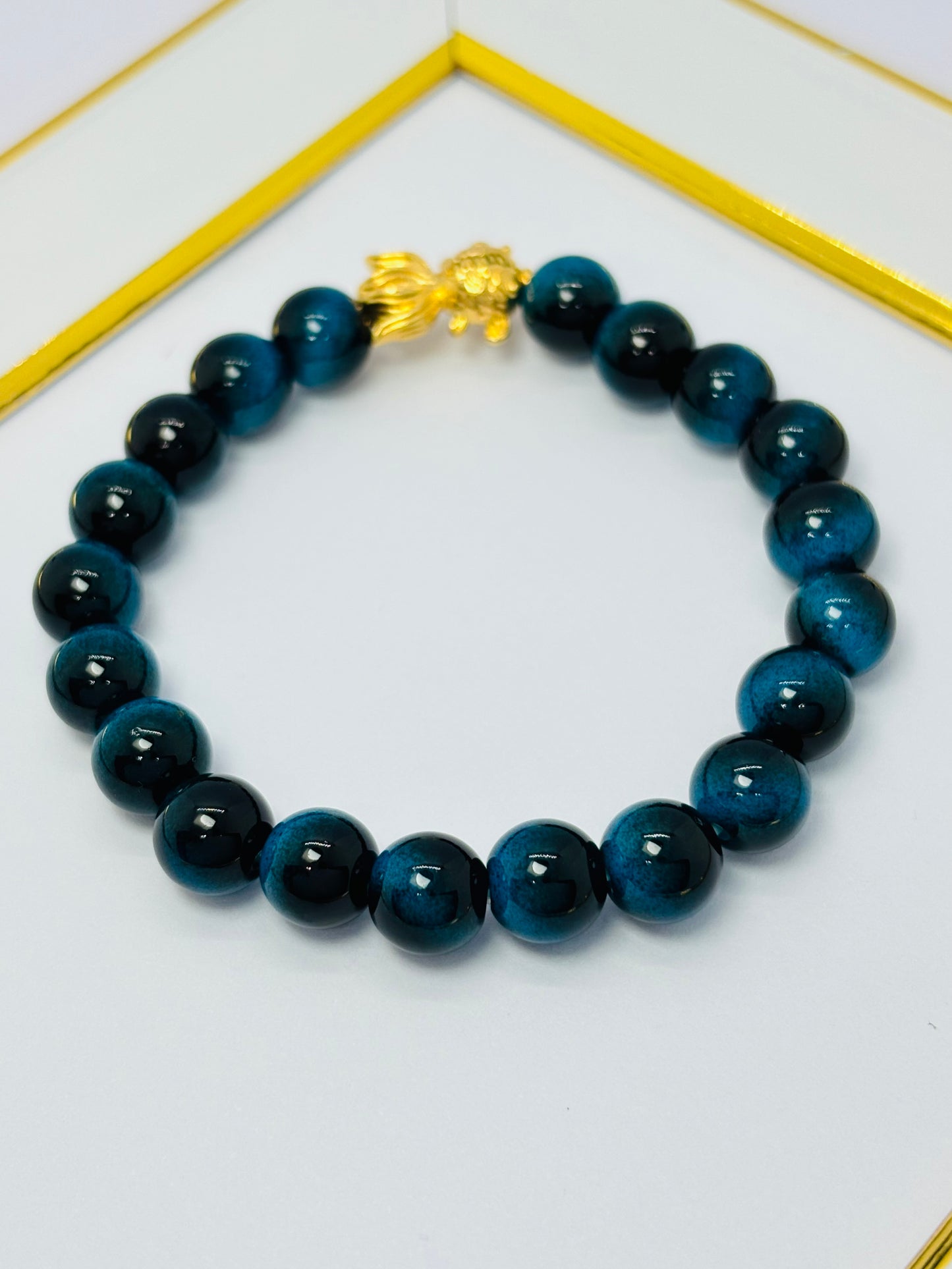 18K Gold Lucky Koi Fish Blue Tiger Eye Stone ( Hollow Empty Inside) Medium Size